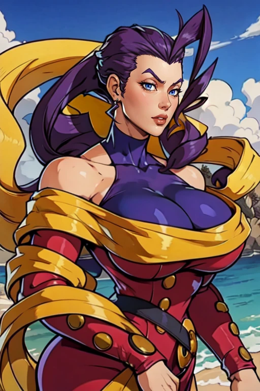 masterpiece,best quality,extreme detail,8k,<lora:ROSE:0.8>,rose2,1girl,solo,long hair,breasts,blue eyes,large breasts,dress,bare shoulders,purple hair,ahoge,scarf,lips,clothing cutout,shawl,off-shoulder dress,shoulder cutout,hair slicked back,huge ahoge,yellow scarf,hagoromo,single hair intake,