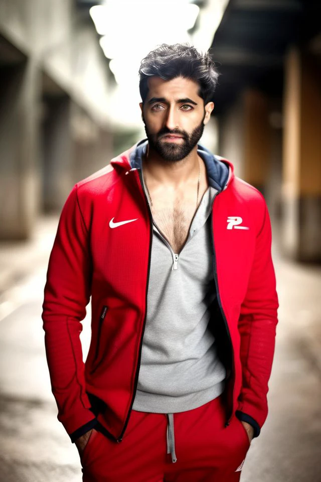 Thomas Middleditch a man <lora:akshay-oberoi_Thomas-Middleditch:1>, realistic photo in a worn ((red tracksuit, massive hairy pecs)), ((light bokeh)), intricate, (steel metal [rust]), elegant, erotic, exuding sexual energy, sharp focus, photo by greg rutkowski, soft lighting, vibrant colors, (masterpiece), ((streets)), (detailed face), looking at viewer, light smile, night, walking towards viewer, cinematic lighting, beautiful lighting, cinematic lighting, (hazy filter, film grain:1.2)
