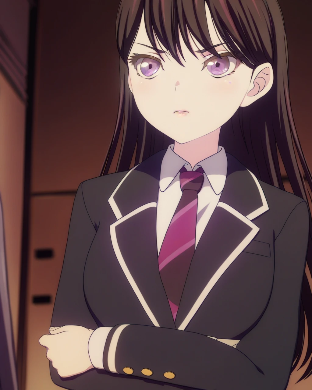 masterpiece, best quality, <lora:ALL:1>,1girl, mole under eye, mole, solo, long hair, necktie, purple eyes, school uniform, black hair, jacket, shirt, crossed arms, blazer, upper body, bangs, Shiina Taki