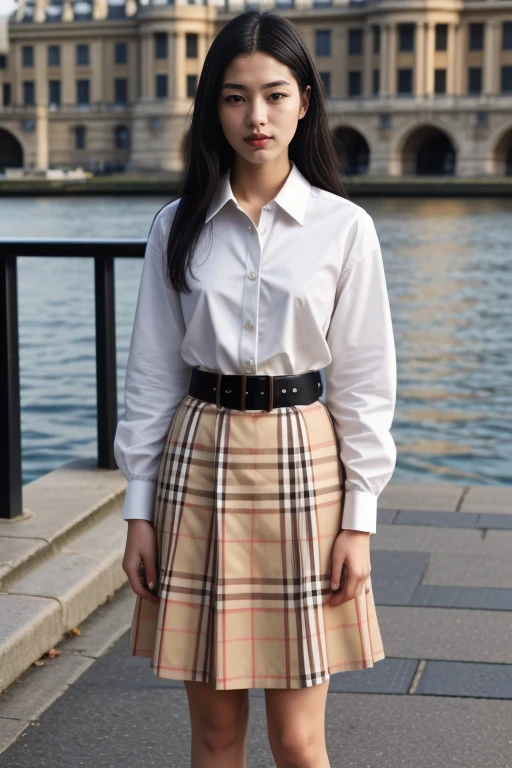 1 woman, 22yo, realistic, masterpiece, high detailed skin, looking at viewer, full body shot, scenic view, long hair, black hair
<lora:Burberry_Shirt_Skirt_By_Stable_Yogi:0.8> burberry plaid, skirt, belt, white shirt