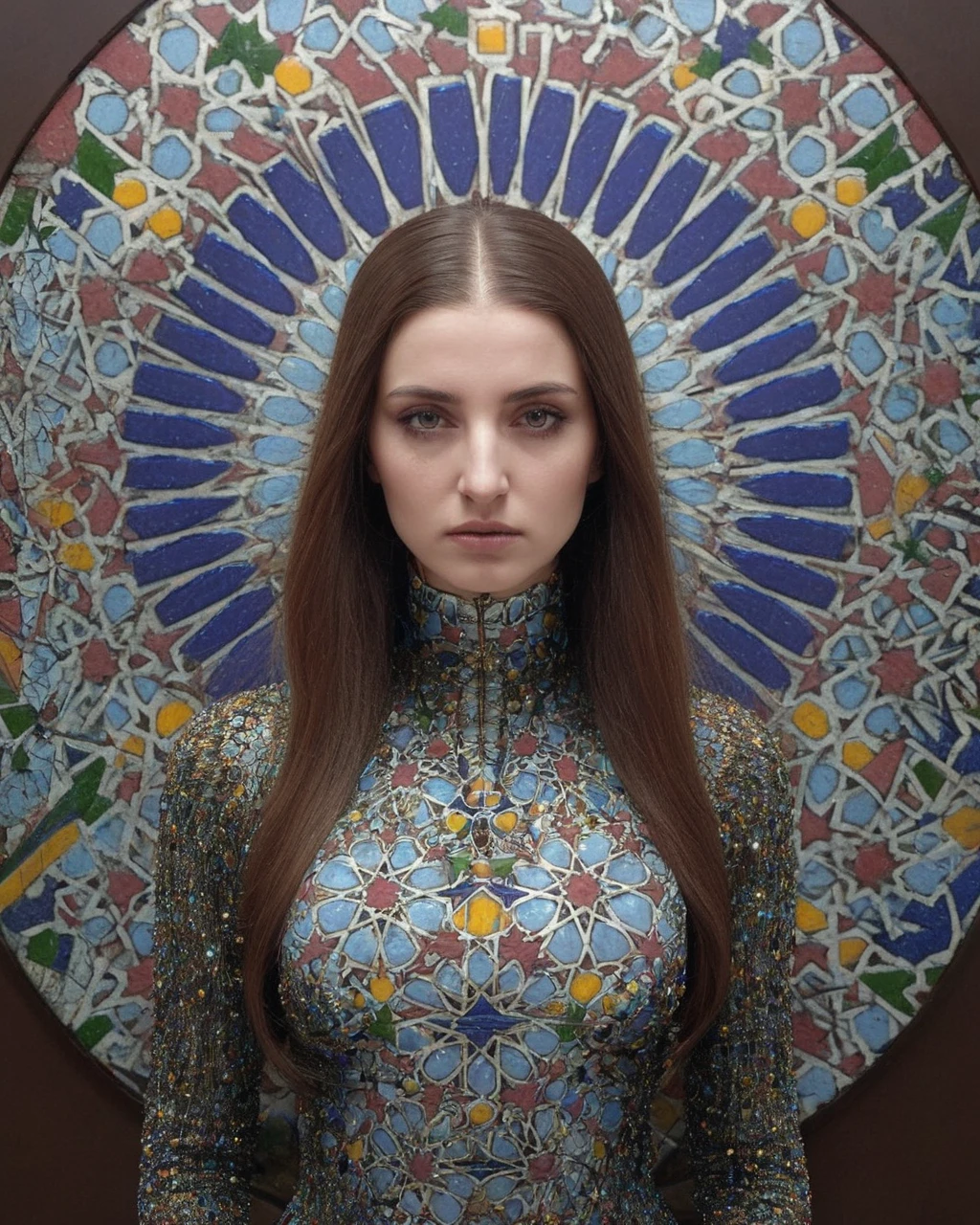 Arcane rotund Industrial iphone, ð, Czech hair, she has a Bindi, surrealism art, low contrast art stylized by Agostino Arrivabene, moody lighting, Oversaturated, made of moroccan mosaic, <lora:Zellij.safetensors:1> zlj-xl, colorful geometric pattern