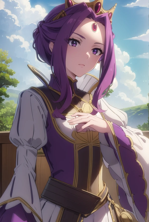 mireliaqmelromarc, <lora:mirelia q melromarc s1s2s3-lora-nochekaiser:1>,
mirelia q melromarc, purple hair, (purple eyes:1.1),
BREAK long sleeves, dress, jewelry, frills, puffy sleeves, wide sleeves, crown, purple dress,
BREAK outdoors, forest, nature, sky, sun, clouds,
BREAK looking at viewer, (cowboy shot:1.5),
BREAK <lyco:GoodHands-beta2:1>, (masterpiece:1.2), best quality, high resolution, unity 8k wallpaper, (illustration:0.8), (beautiful detailed eyes:1.6), extremely detailed face, perfect lighting, extremely detailed CG, (perfect hands, perfect anatomy),