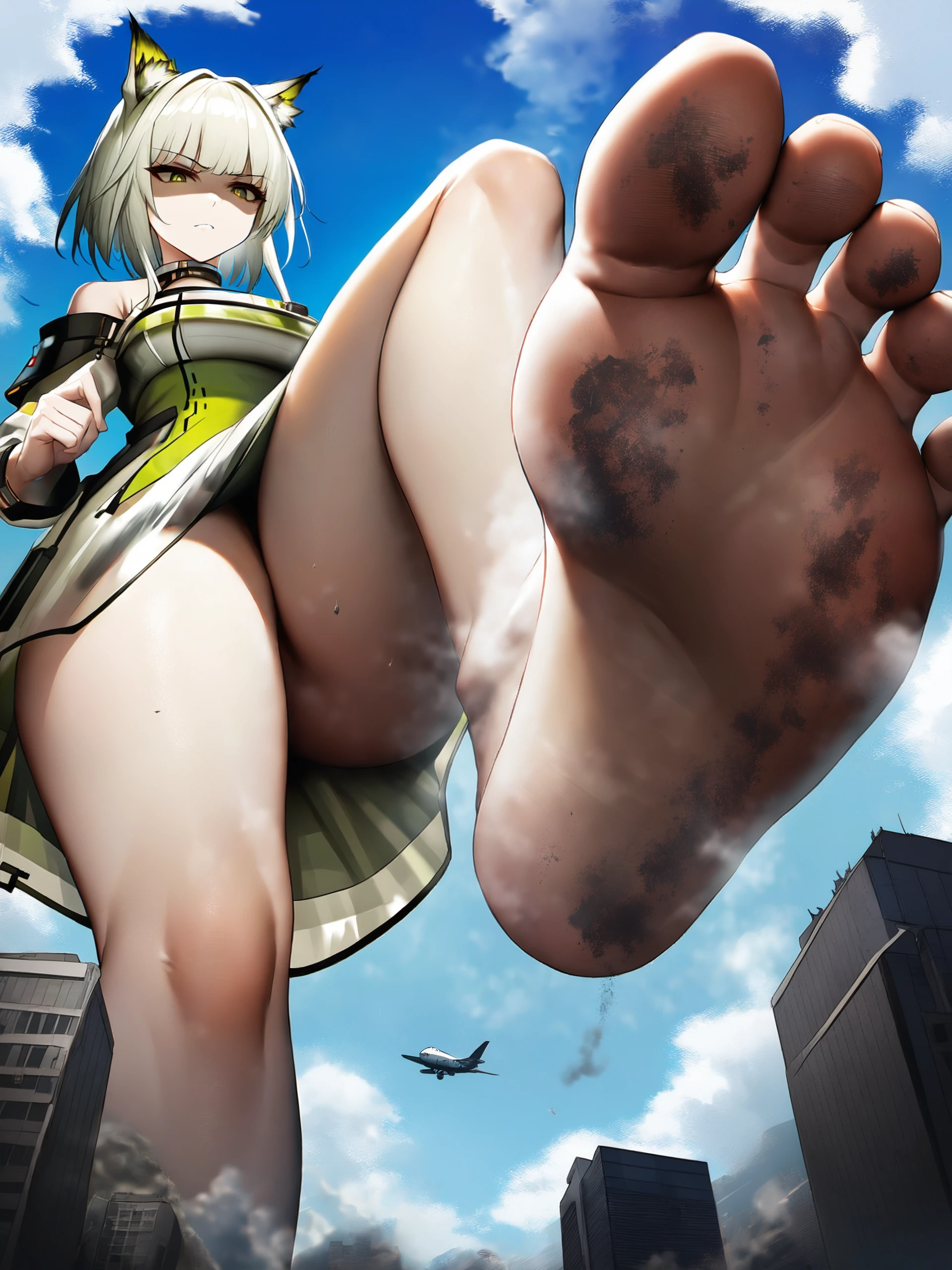 1girl, kal'tsit \(arknights\), arknights, mega size, dirty feet, giantess, city, dirty, building, soles, destruction, barefoot, solo, skyscraper, feet, cloud, blue sky, disgust, foot focus, toes, short hair, day,( from below, foreshortening, pov:1.2), cityscape, looking down, stepping, rubble on feet soles, one foot out of frame, smell, steaming feet, depth of field, facial blur, shaded face, airplane, contrail, standing on one leg, leg lift, spread toes, masterpiece, best quality, absurdres, ultra detailed