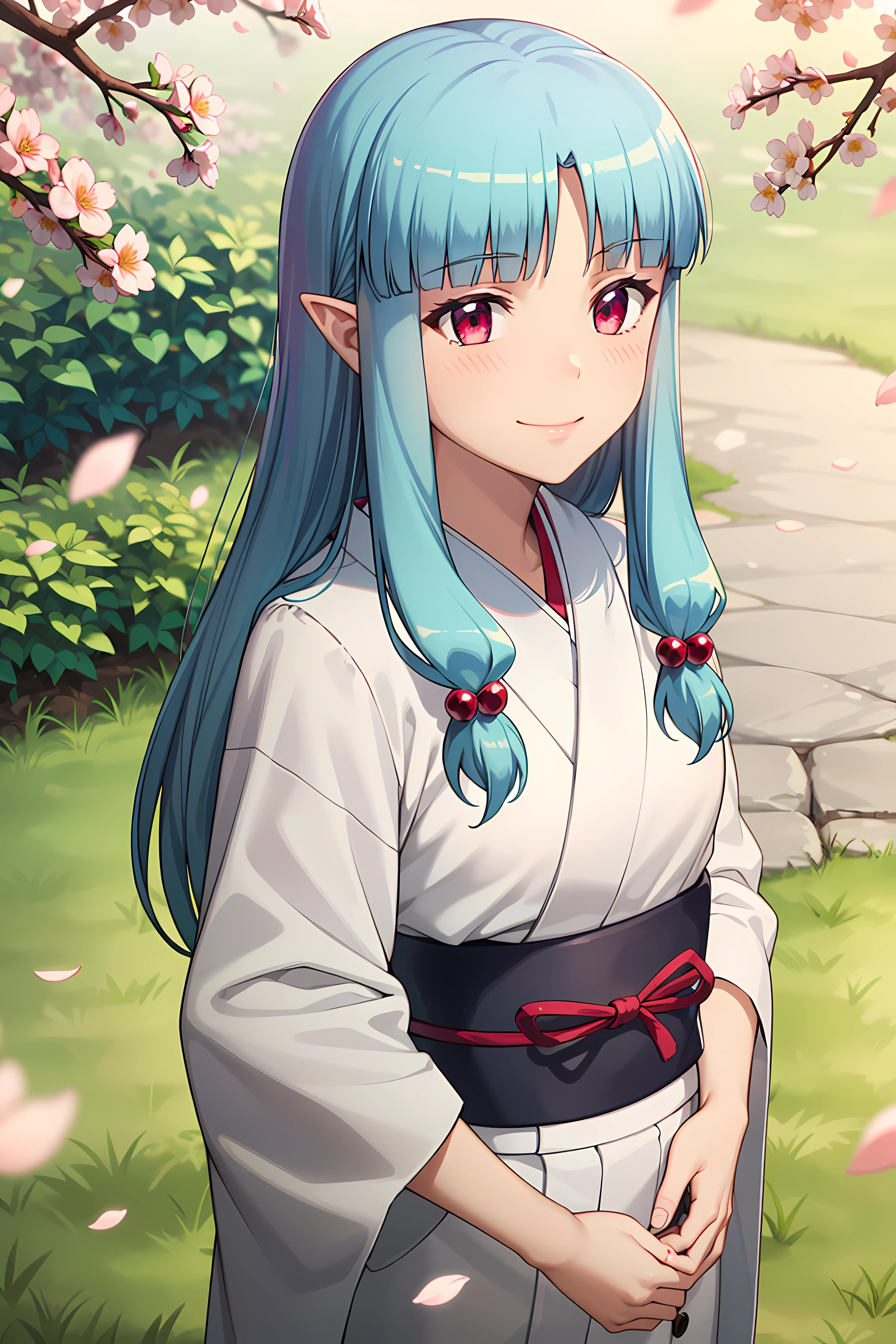 best quality, masterpiece, detailed,
<lora:Tsugumomo_Kiriha:0.9>, Kiriha,
1girl, closed mouth, smile, blush,
aqua hair, red eyes, long hair, hair beads, blunt bangs, parted bangs, pointy ears,
KirihaKimono, japanese clothes, white kimono, (aqua obi:1.2),
standing, (facing viewer:1.2), portrait, looking at viewer,
outdoors, cherry blossoms, petals, falling petals