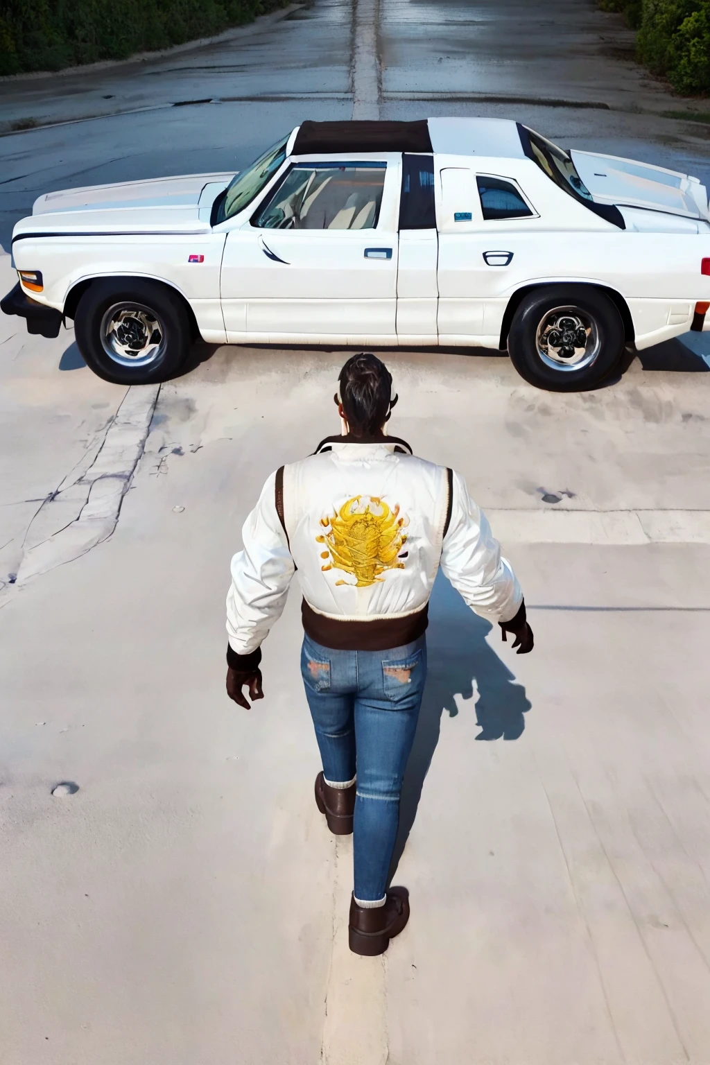 masterpiece, best quality, (1973 chevy malibu:1.35), car, 1boy, solo, <lora:drivejacket-outfit-richy-v1:1.3> (print jacket, white jacket:1.3), from behind, jeans, <lora:concept_akiraposter-11:1> akiraposter, from above, walking, ground vehicle, concrete