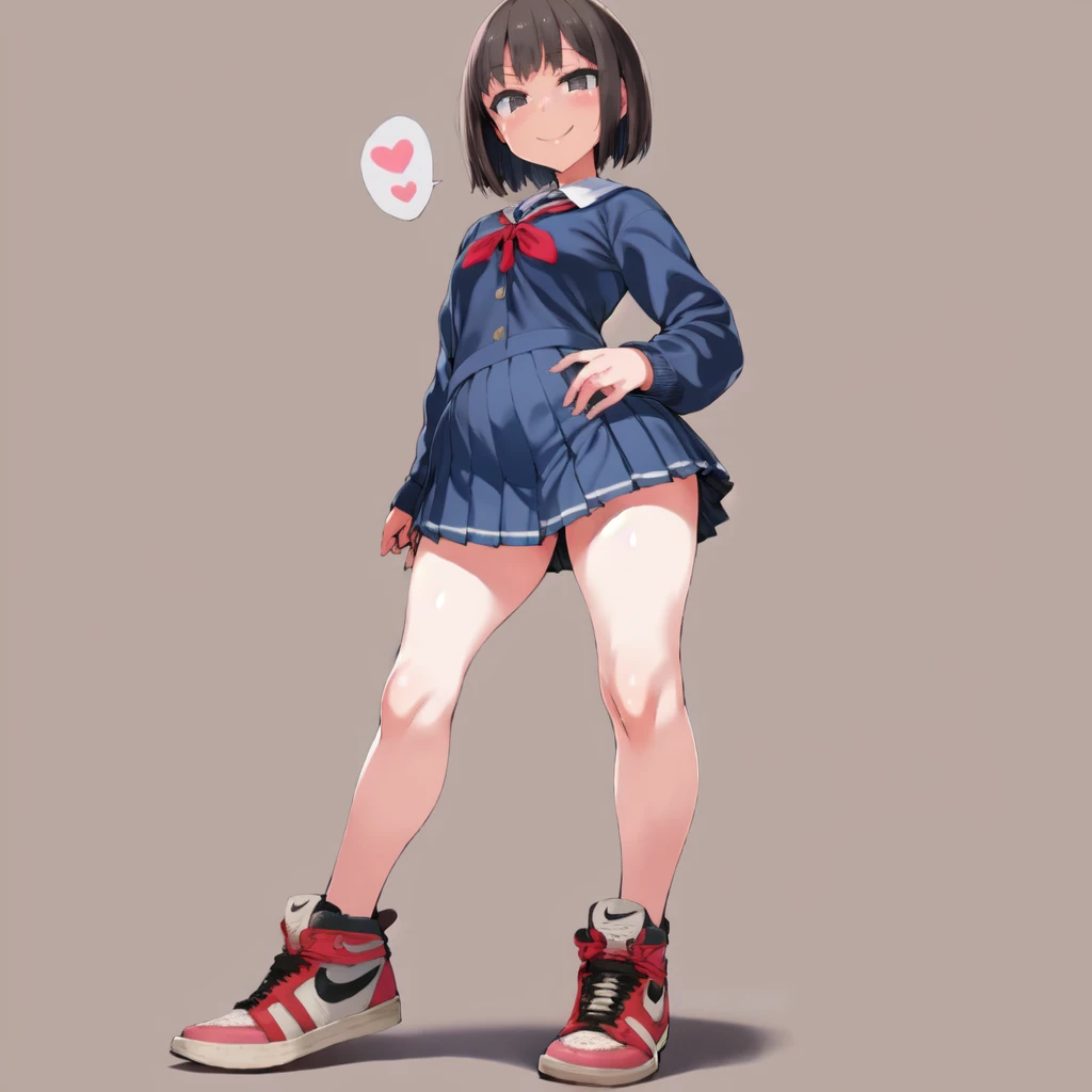 <lora:hll6.3-fluff-a7:1> best quality, high quality <lora:air_jordan_1-01:1>, 1girl, by asanagi,  (((air_jordan_1))), sneakers, red footwear, nike, straight-on, simple background, tiptoes, standing, school uniform, pleated skirt, bob cut, smile, spoken heart,