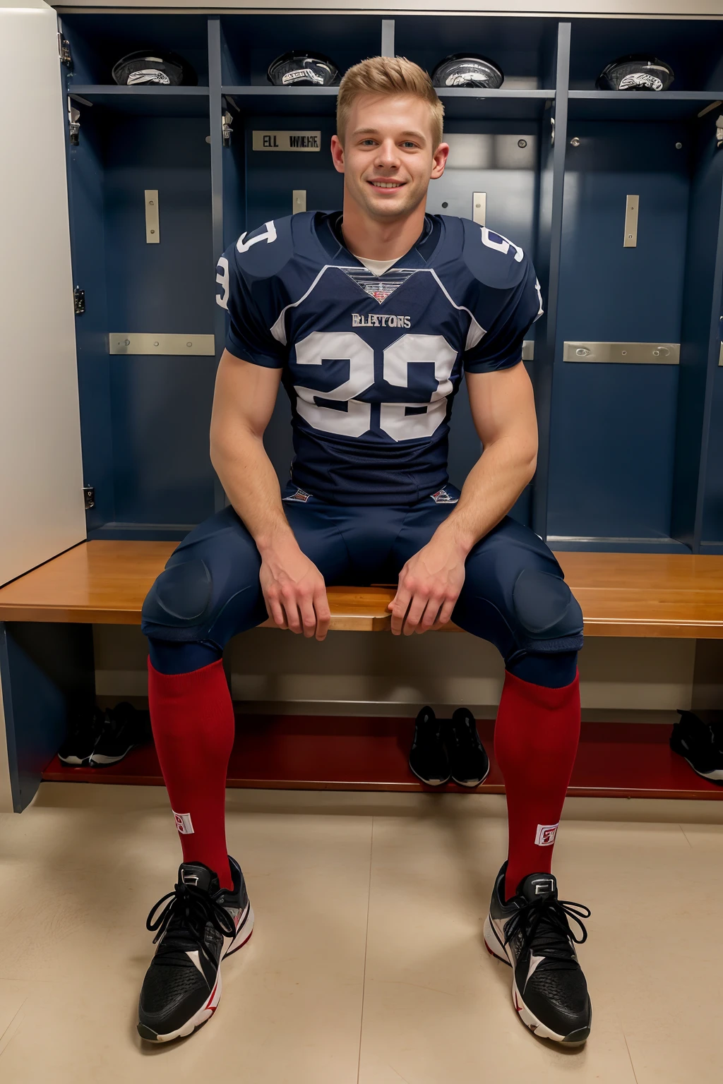 In an American football locker room, (sitting on a locker room bench), legs spread open, (hands on knees), PetoMohac is a (American football player) wearing (shoulder pads), (red jersey), (blue football pants and pads), (red socks), (black sneakers), smile, masterpiece, (((full body portrait))), wide angle, <lora:PetoMohac-000008:0.75>