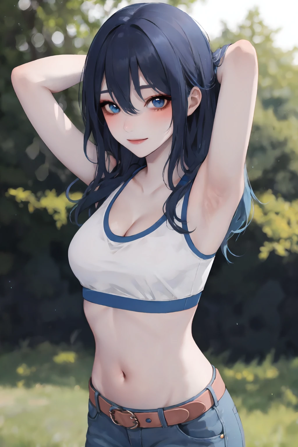 1girl, solo, armpits, blue eyes, blue hair, navel, long hair, breasts, outdoors, belt, arms up, looking at viewer, denim, sports bra, midriff, stomach, shorts, closed mouth, cowboy shot, medium breasts, day, arms behind head, smile, collarbone, bangs, blue shorts, blurry, crop top, tree, blush, bare arms, cleavage, hair between eyes, standing, bare shoulders, pants