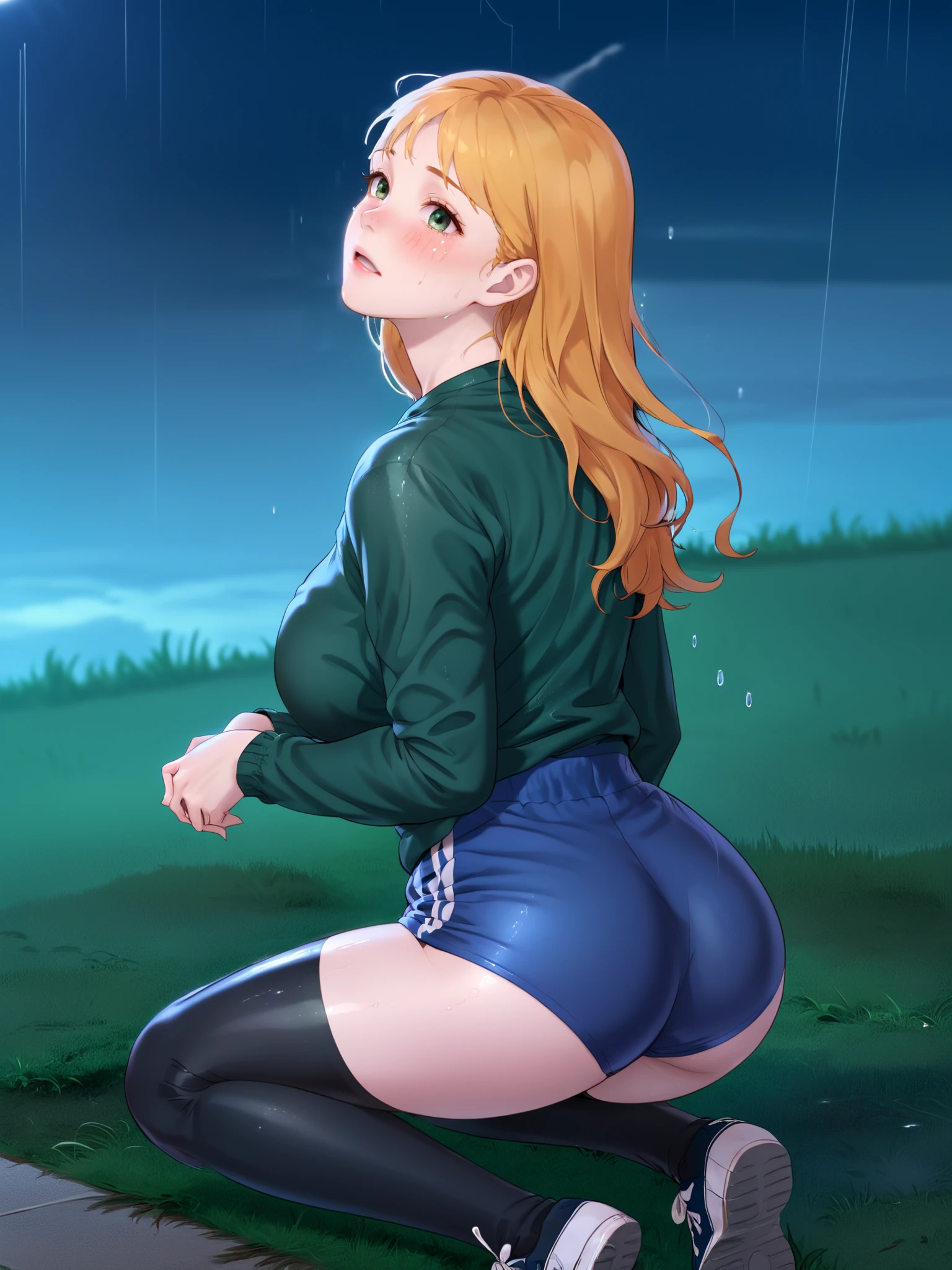 masterpiece, best quality, highres, a woman knee on the ground holding a penis,1girl,long hair,cry, wet hair, wet cloth, breasts,blush,blonde hair,green shirt,long sleeves,wet, rain, pantyhose,parted lips,shoes,shorts,solo focus,lips,kneeling,night,looking up,sneakers,blue shorts,green shirt,leggings, football field
,<lora:webtoon-xl_v1.4-000050:0.7>