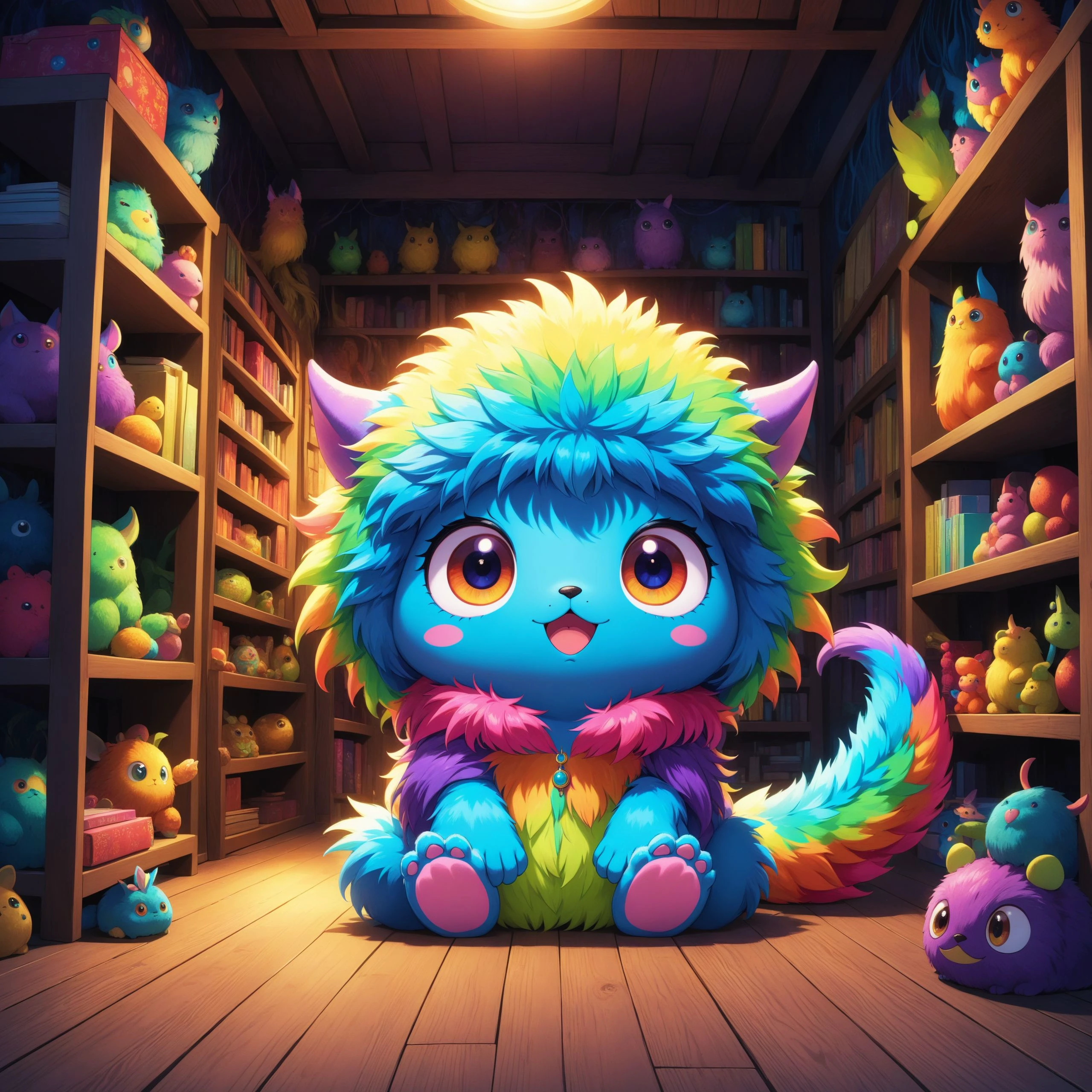 anime artwork A cute monster with a rainbow-colored fur coat, a long tail, and big, round eyes. The monster is sitting on a cluttered shelf in a mysterious, dark environment. . The environment is ultra-detailed, with intricate carvings on the walls and floors, and a perfect cinematic lighting that highlights every detail. The product photography is perfect, capturing every angle and texture of the monster and its surroundings. The environment is perfect for a horror movie, with a sense of foreboding and danger lurking around every corner. The scene is rendered in 8K, with every pixel perfectly defined and crisp. . anime style, key visual, vibrant, studio anime, highly detailed