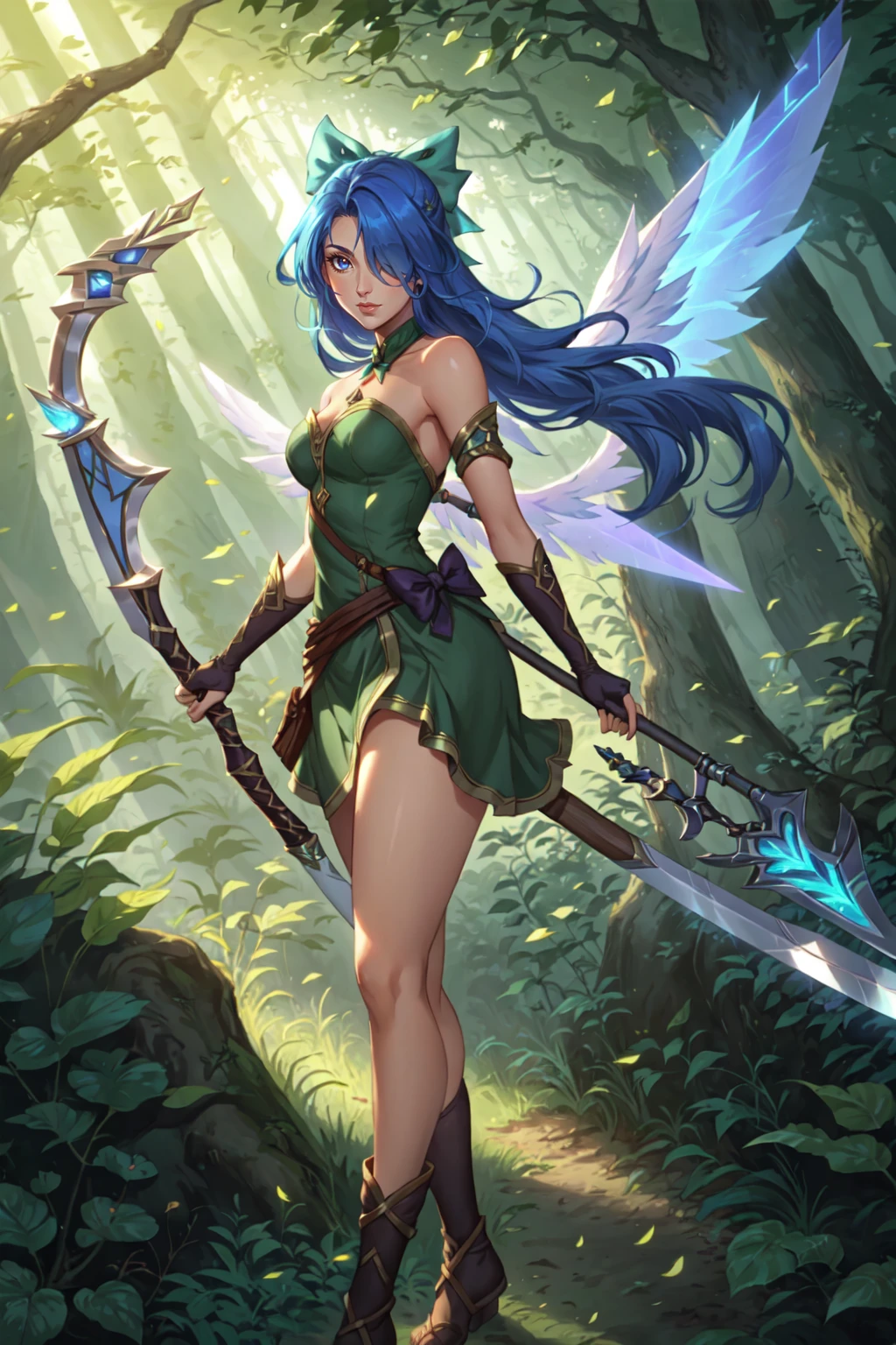 LoL Style, 1girl, arrow , (projectile), bare shoulders, blue hair, bow , (weapon), closed mouth, dress, fingerless gloves, forest, gloves, glowing, hair over one eye, holding, holding bow , (weapon), holding weapon, leaf, long hair, looking at viewer, nature, outdoors, solo, tree, weapon, wings, <lora:LeagueStyles:0.8>