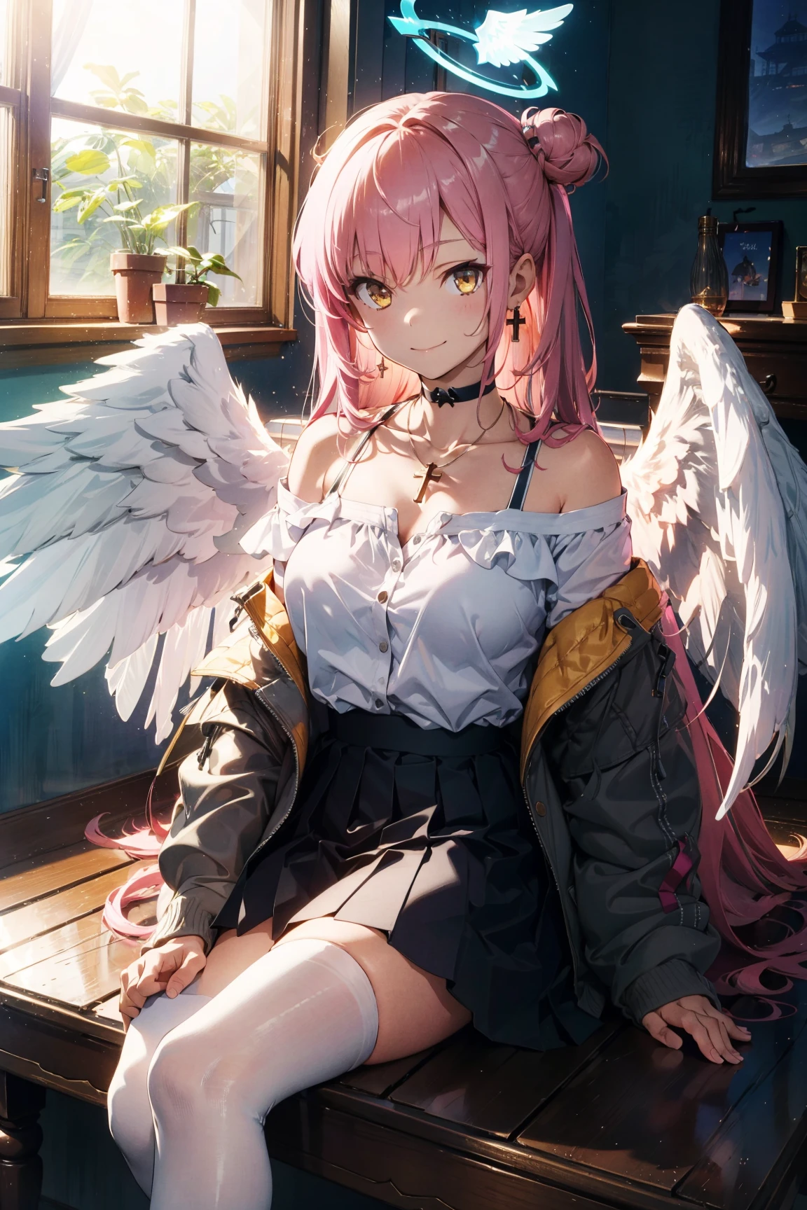 1girl, solo, long hair, breasts, looking at viewer, smile, bangs, skirt, large breasts, shirt, thighhighs, long sleeves, bare shoulders, jewelry, sitting, very long hair, closed mouth, collarbone, jacket, full body, yellow eyes, white shirt, pink hair, boots, wings, choker, indoors, black skirt, necklace, off shoulder, hair bun, white thighhighs, window, halo, white footwear, feathered wings, cross-laced footwear, knee up, angel wings, white wings, single side bun, low wings, mika \(blue archive\)