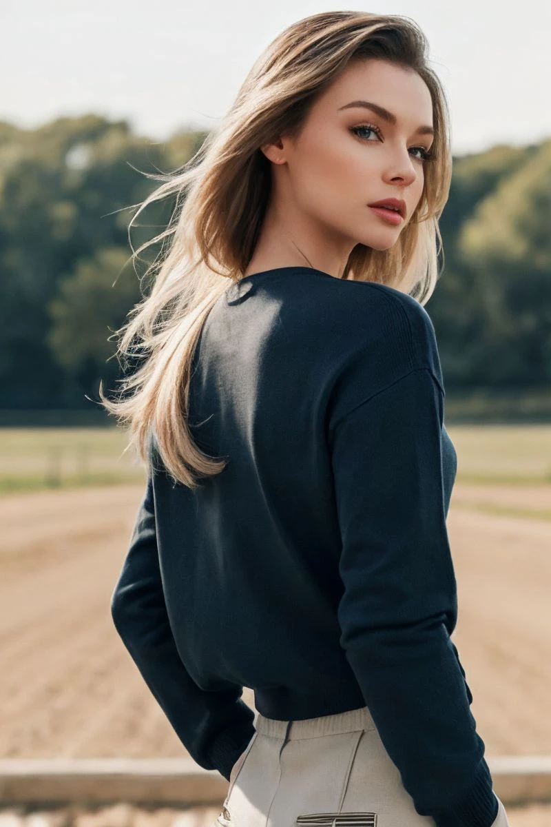 photo of S293_AnnaTsaralunga,a stylish woman,on a (farm:1.1),wearing a (crewneck:1.1) and (pants),(4k, RAW photo, best quality, depth of field, ultra high res:1.1),(absurdres, intricate, photorealistic, masterpiece, ultra-detailed:1.1),