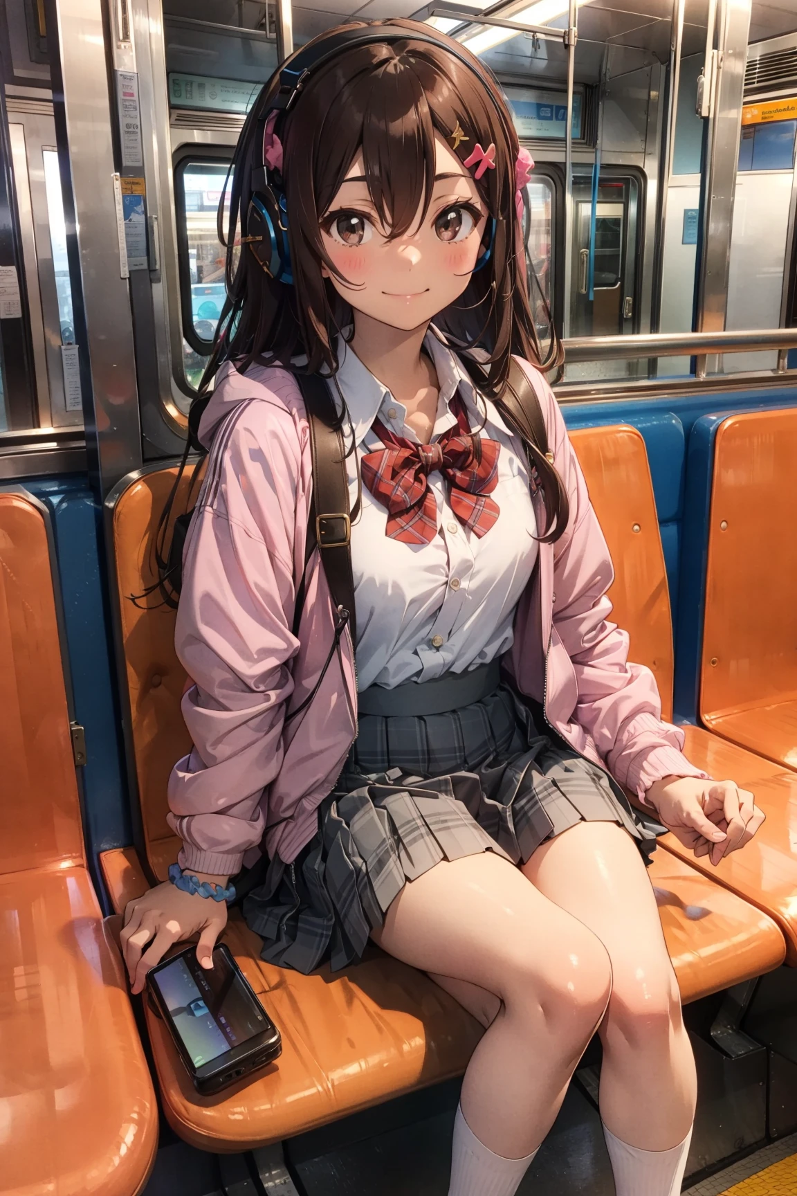 1girl, solo, long hair, breasts, blush, smile, bangs, skirt, brown hair, shirt, hair ornament, long sleeves, bow, holding, hair between eyes, brown eyes, medium breasts, sitting, very long hair, closed mouth, school uniform, jacket, white shirt, pleated skirt, open clothes, socks, hairclip, collared shirt, hood, bag, red bow, open jacket, book, plaid, dress shirt, feet out of frame, headphones, plaid skirt, scrunchie, backpack, white socks, hooded jacket, grey skirt, pink jacket, wrist scrunchie, train interior