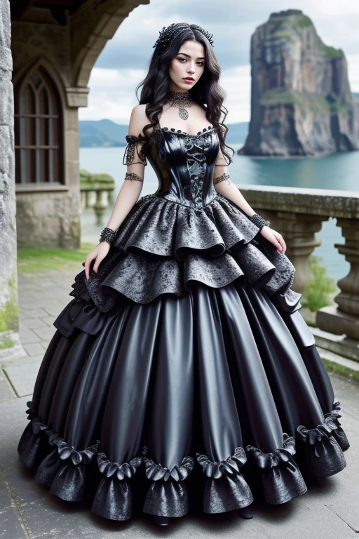 1 woman, 22yo, (realistic, masterpiece, high detailed skin:1.2) (looking at viewer, full body shot, scenic view, long hair:1.2)
<lora:Latex_Gothic_Gown_By_Stable_Yogi:0.8> latex goth gown, frills, jewellery, watch, bracelet