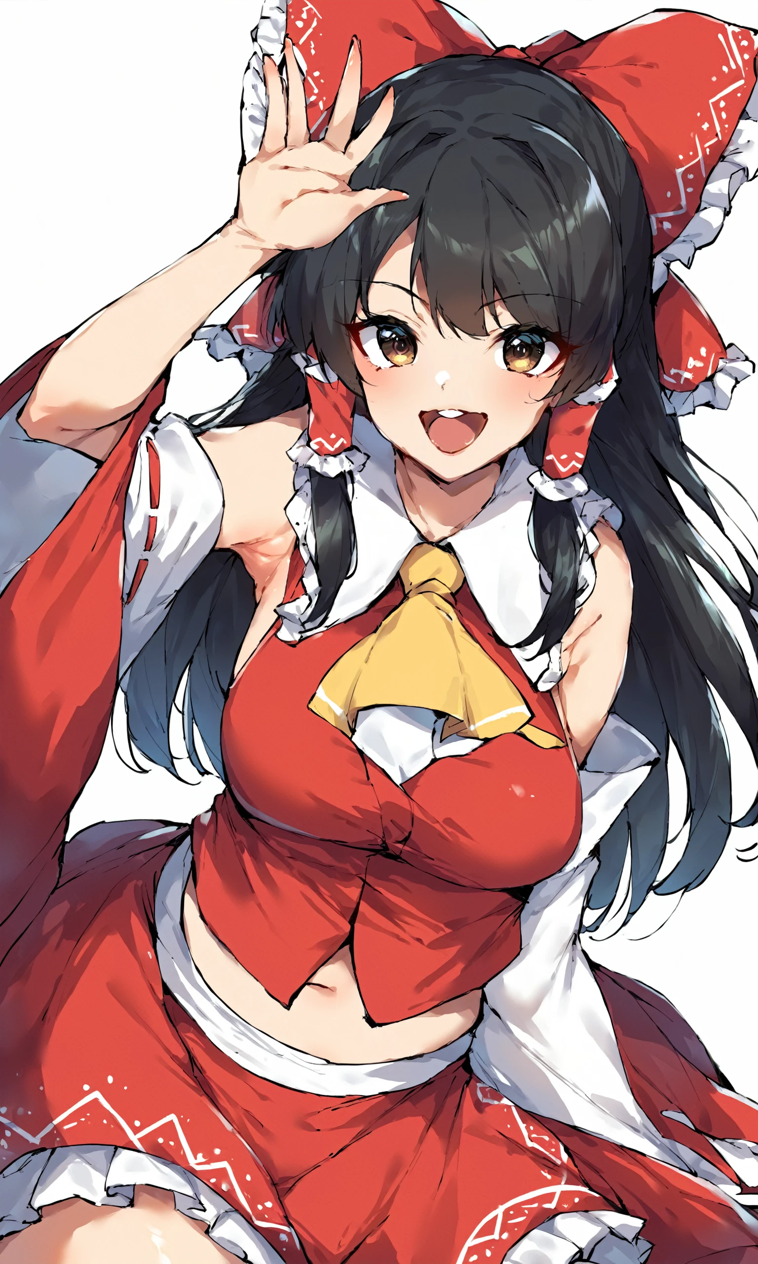 <lora:thirtyeightPony:1> wral artstyle, score_9, score_8_up, score_7_up, score_6_up, score_5_up, score_4_up, source_anime, rating_safe, 1girl, hakurei reimu, hair tubes, solo, bow, detached sleeves, hair bow, ascot, red bow, red skirt, skirt, open mouth, wide sleeves, smile, long hair, yellow ascot, frills, looking at viewer, black hair, simple background, blush, bangs, frilled bow, skirt set, sidelocks, waving, black eyes, frilled hair tubes, bare shoulders, red shirt, vest, shirt, white background, :d, brown eyes, breasts, midriff