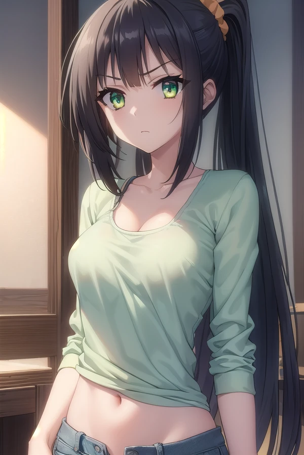 korewaseraphim, <lora:korewa seraphim s2-lora-nochekaiser:1>,
seraphim, long hair, black hair, very long hair, (green eyes:1.3), ponytail, scrunchie, orange scrunchie, angry, frown,
BREAK navel, cleavage, midriff, camisole, shorts, denim,
BREAK indoors,
BREAK looking at viewer, (cowboy shot:1.5),
BREAK <lyco:GoodHands-beta2:1>, (masterpiece:1.2), best quality, high resolution, unity 8k wallpaper, (illustration:0.8), (beautiful detailed eyes:1.6), extremely detailed face, perfect lighting, extremely detailed CG, (perfect hands, perfect anatomy),