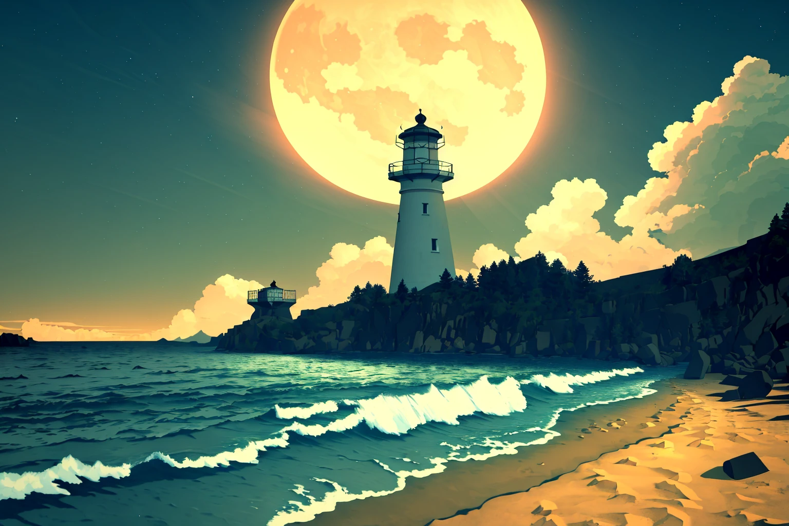 masterpiece, ultra-detailed, best quality, illustration, 8k cg wallpaper, an extremely delicate and beautiful, stunning landscape, beach, lighthouse, moon, stars, clouds, intricately detailed items in background, <lora:Firewatch:1>
