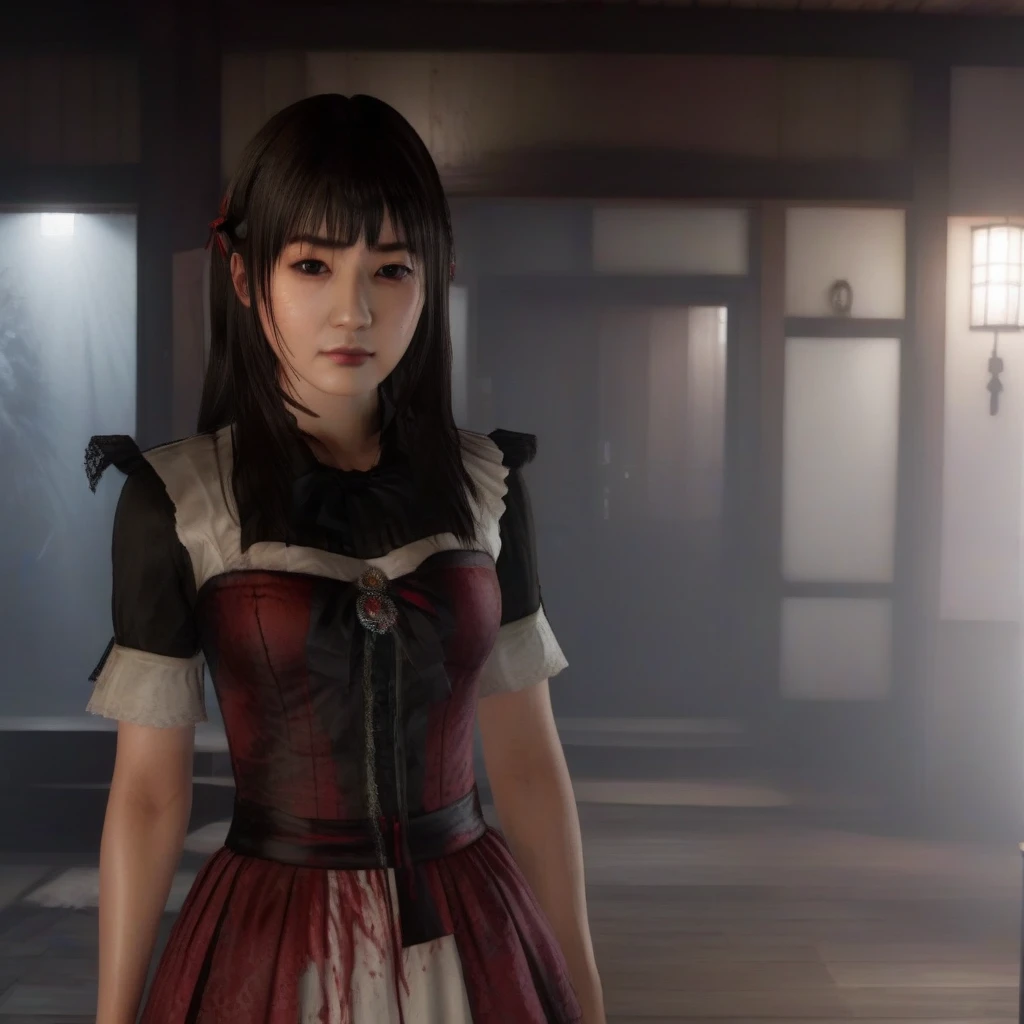 Ultra-realistic extremely detailed 8k photo of a 30-year-old mature elegant cute sexy and gorgeously beautiful tsubomi woman as a bloody sexy ghost in haunted house with long black hair and ponytails and bangs and pink eyes wearing a crown of glittery thorns and pink and white cute frilly homemade dirty villager dress, frilly choker, standing in the middle of the room in a (flirty cocky smile) cute and sexy pose detailed perfect sexy body with medium breasts <lora:tsubomi woman:0.875>, breathtakingly amazing artwork, beautiful composition, gorgeous and haunting lighting ((adult)), front view, full shot, adult woman, visual novel sprite <lora:fatal style:0.8> fatal style, night, horror, scary, creepy