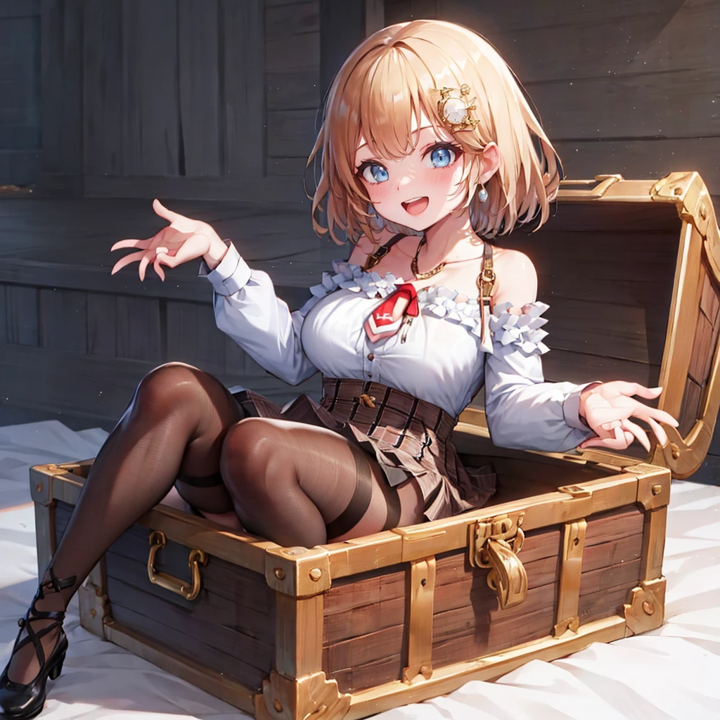 (SecretBox:1),girl happily coming out of a treasure chest, big breast,cute, smile, cleavage, curvy, shiny, simple background, 
(masterpiece:1.2), (best quality, highest quality), (ultra detailed), (8k, 4k, intricate), (50mm),
 <lora:OpenChest_Concept:0.6>  <lora:ame:1> amelia watson, monocle hair ornament, amelia_detective, collared shirt, red necktie, plaid skirt, thighhighs, amelia_casual, frilled shirt, collarbone, black skirt, pantyhose,