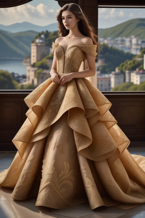 1 woman, 22yo, (realistic, masterpiece, high detailed skin:1.2) (looking at viewer, full body shot, scenic view, long hair:1.2)
<lora:Golden_Wedding_Gown_By_Stable_yogi:1> golden wedding gown