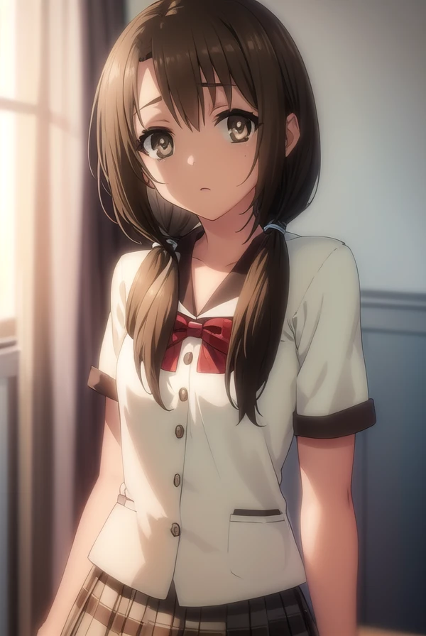 taekohiramatsu, <lora:taeko hiramatsu s2-lora-nochekaiser:1>,
taeko hiramatsu, brown hair, twintails, (brown eyes:1.5), hair over shoulders,
BREAK skirt, bow, school uniform, serafuku, plaid, red bow, brown skirt,
BREAK indoors,
BREAK looking at viewer, (cowboy shot:1.5),
BREAK <lyco:GoodHands-beta2:1>, (masterpiece:1.2), best quality, high resolution, unity 8k wallpaper, (illustration:0.8), (beautiful detailed eyes:1.6), extremely detailed face, perfect lighting, extremely detailed CG, (perfect hands, perfect anatomy),
