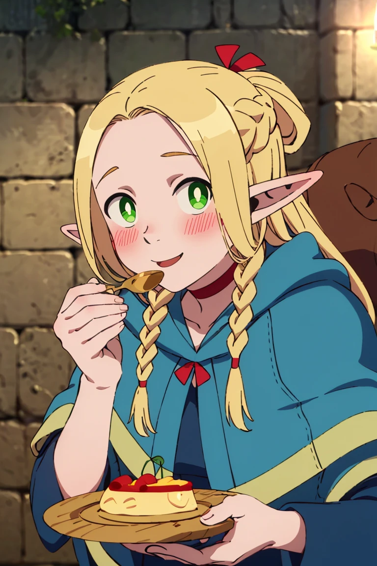 ((masterpiece,best quality)), absurdres,
<lora:Marcille_Donato_DungeonMeshi_Screenshots:0.8>, Marcille_Donato_DungeonMeshi,
1girl, solo, blonde hair, long hair, twin braids, elf, pointy ears, green eyes,
red choker, blue capelet,
eating, plate, spoon
solo, smile, blush, looking at viewer,