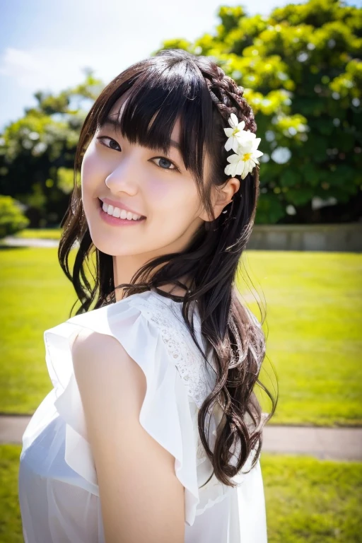 1girl, (white sheer blouse:1.2),(RAW photo, best quality), (realistic, photo-realistic:1.8), masterpiece, an extremely delicate and beautiful, extremely detailed, 2k wallpaper, Amazing, finely detail, extremely detailed CG unity 8k wallpaper, ultra-detailed, highres, soft light, beautiful detailed girl, extremely detailed eyes and face, beautiful detailed nose, beautiful detailed eyes,cinematic lighting,(in the city:2.0),perfect anatomy,(slender body:1.6),(close up face:2.0),(laugh,friendly, warm:1.8),(looking at viewer:2.0),(young japanese idol:1.8),(wavy long hair:1.8), (brown eyes:1.8), (cleavage:0.8), (dynamic pose:2.0),<lora:misawasachika_lora-11:0.8>