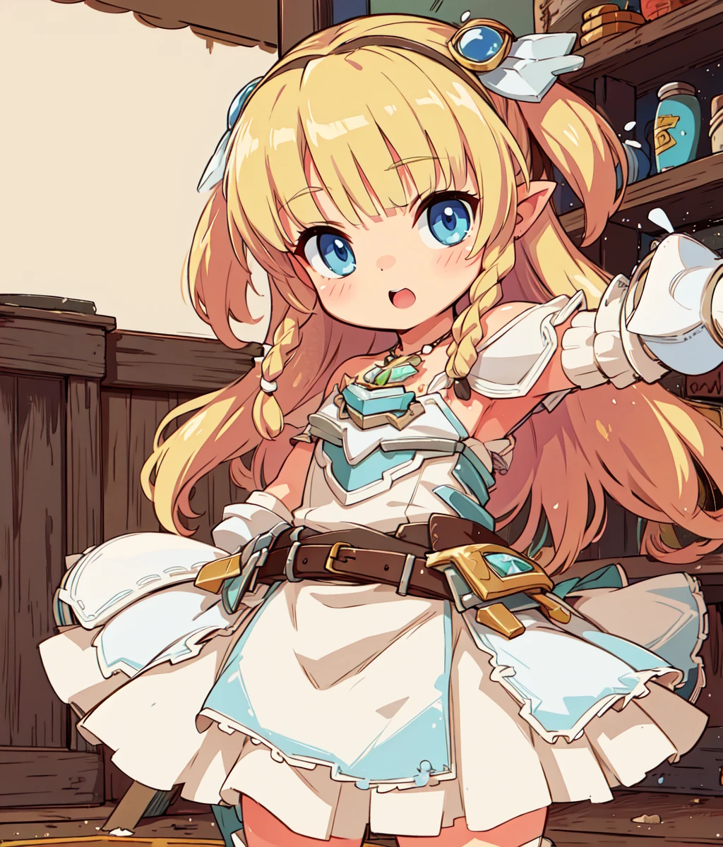 masterpiece, high res, detailed face, detailed eyes, 1girl, solo, blonde, pointed ears, long hair, small braids, blue eyes, white dress, white armor, grauntlets, short skirt, necklace, white skirt, white boots, tighs, hair ornament, full body, cowboy shot, looking at viewer, hammer, skin dentation, indoors, cave, crystal cave <lora:Eilin:0.8>