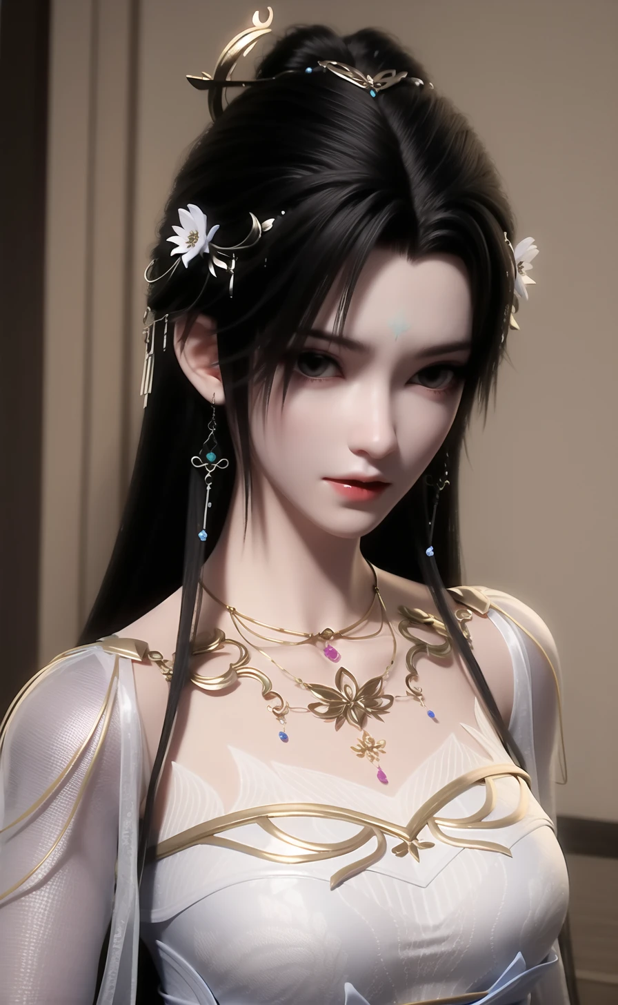 qingyi,1girl,solo,jewelry,hair ornament,long hair,necklace,upper body,dress,earrings,blurry background,facial mark,forehead mark,black hair,looking at viewer,expressionless,white dress,blurry,hair bun,<lora:æ¸æ¼ª-000011:0.8:lbw=role>,, 1girl,
,  (masterpiece,best quality:1.2),absurdres