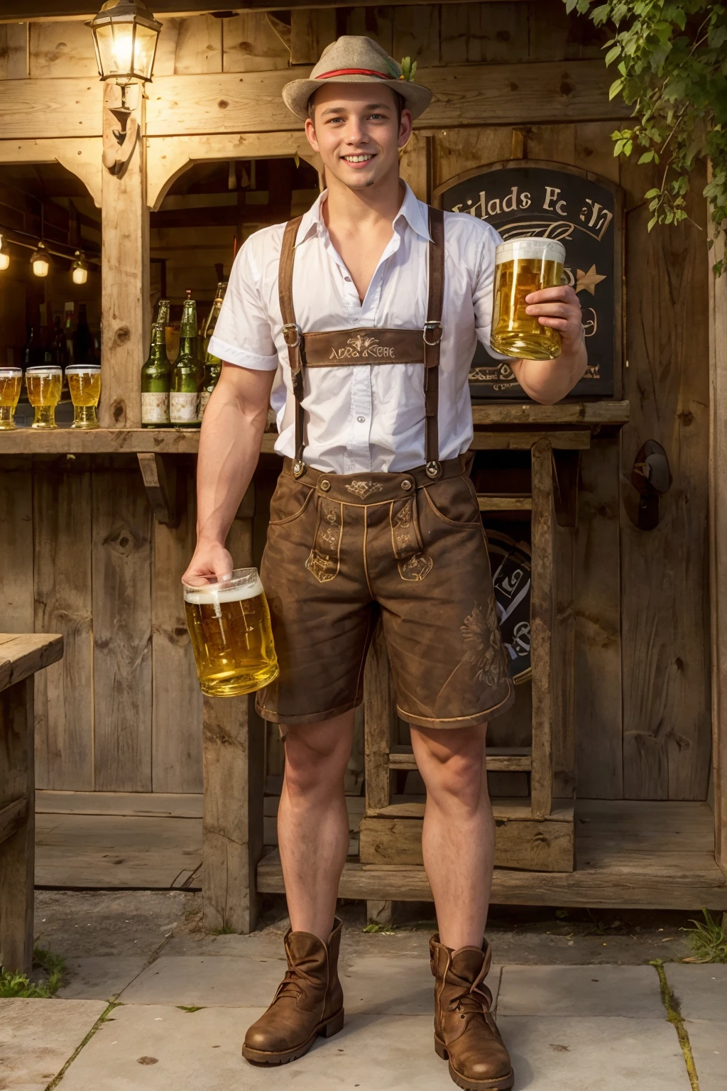 biergarten, standing, smiling, FabianHambuechen, l3denh0sen, suspenders, shorts, hat, boots, holding beer, ((full body portrait)), wide angle <lora:Clothing - Sexy Ledenhosen:0.65> <lora:FabianHambuechen:0.8>