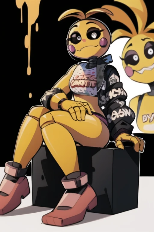 <lora:toychica-10:1> toychica, full body, sitting, basic black background <lora:attire_dripmeme-10:1> , dripjacket, own hands together, masterpiece, best quality