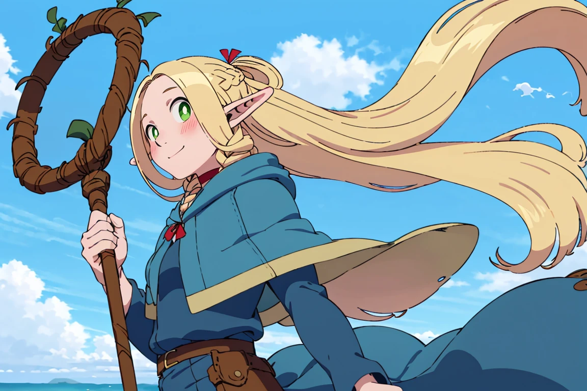 ((masterpiece,best quality)), absurdres,
<lora:Marcille_Donato_DungeonMeshi_Screenshots:0.8>, Marcille_Donato_DungeonMeshi,
1girl, solo, blonde hair, long hair, twin braids, elf, pointy ears, green eyes,
red choker, blue capelet,
(floating hair:1.2),
outdoors, sky, day, cloud,
ocean, staff, robe, holding staff, watercraft,
solo, smile, blush, looking at viewer, side view,