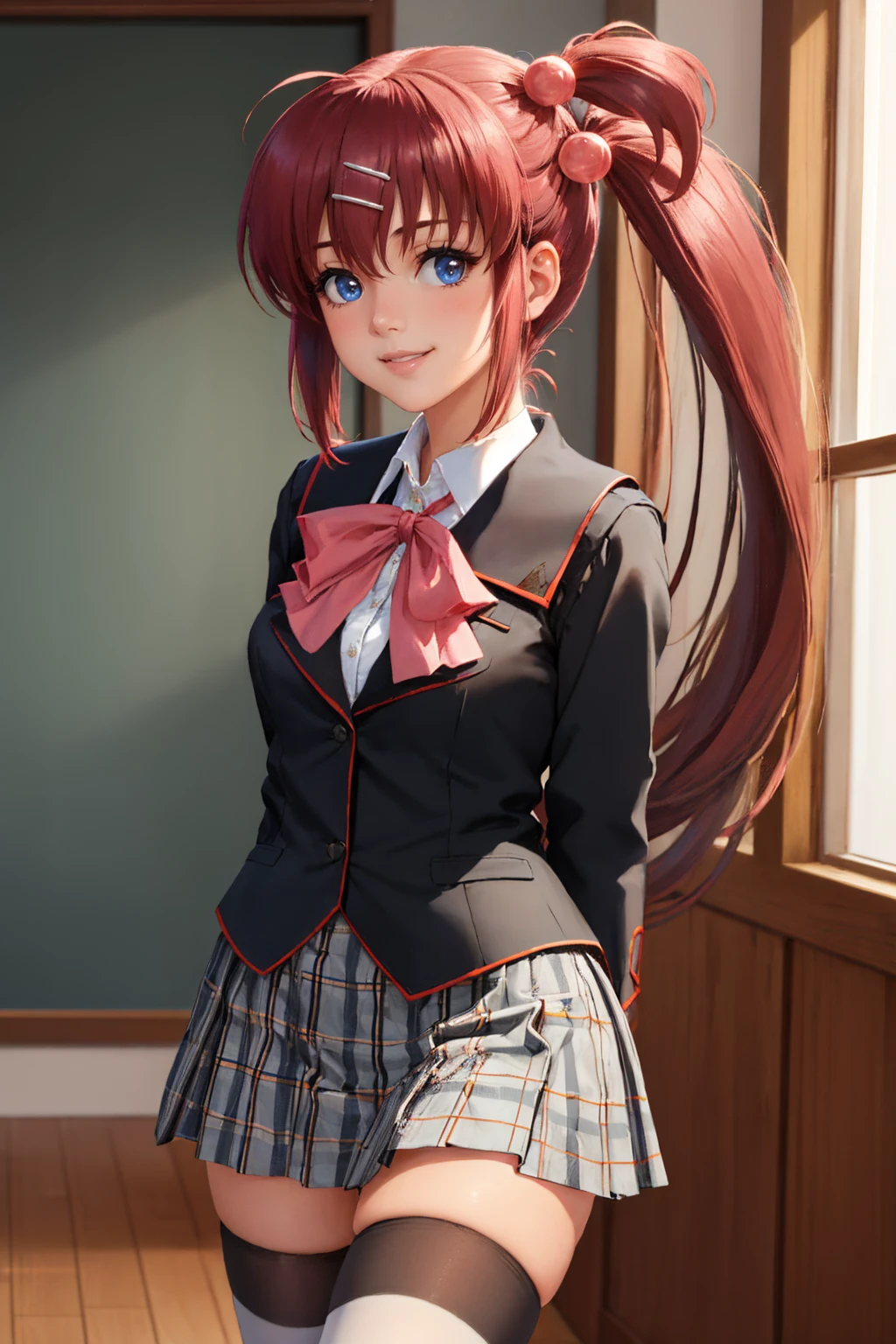 (masterpiece, best quality:1.2), cowboy shot, solo, 1girl, kita ikuyo, smile, looking at viewer, hands on hips, one side up, school uniform, brown serafuku, sailor collar, bow, long sleeves, black skirt, pleated skirt <lora:bocchi_kita:1.0>