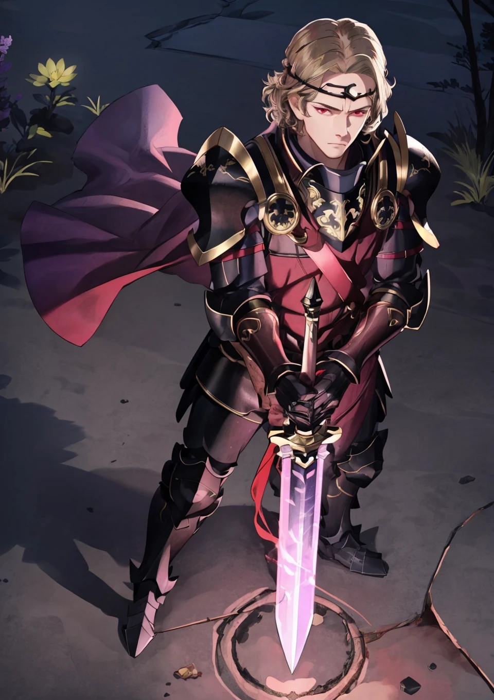 (masterpiece, best quality), detailed background, outdoors, full body, from above, looking at viewer, <lora:XanderFEF:0.7> defXander, 1boy, red eyes, solo, circlet, cape, armor, gauntlets, armored boots, weapon, glowing purple sword