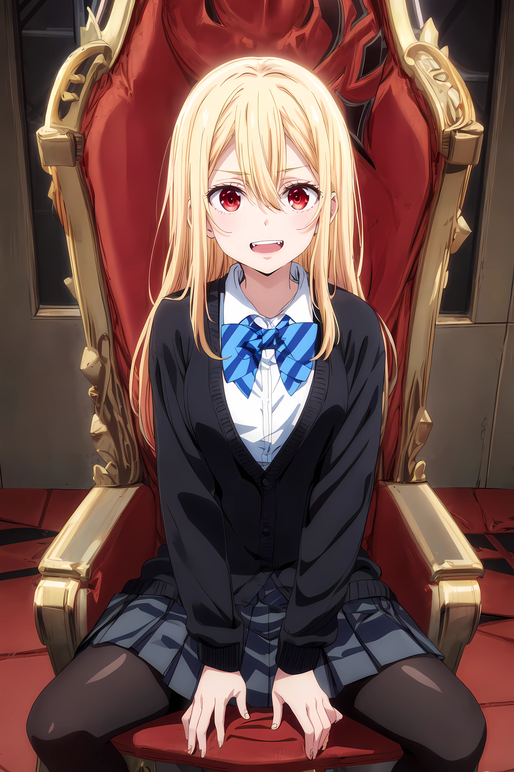 (masterpiece, best quality:1.2), highres, anime screencap, anime coloring, perfect lighting, 1girl, solo, open mouth, fang, grin,
LiAma_V1, blonde hair, long hair, hair between eyes, red eyes,
BREAK school uniform, black cardigan, white shirt, collared shirt, long sleeves, blue bowtie, striped bowtie, grey skirt, pleated skirt, black pantyhose,
sitting, throne, widely spread legs,
<lora:add_detail_CyberAlchemist:0.4>, <lora:GoodHands-beta2:0.8>, <lora:LiAmaV1:0.9>