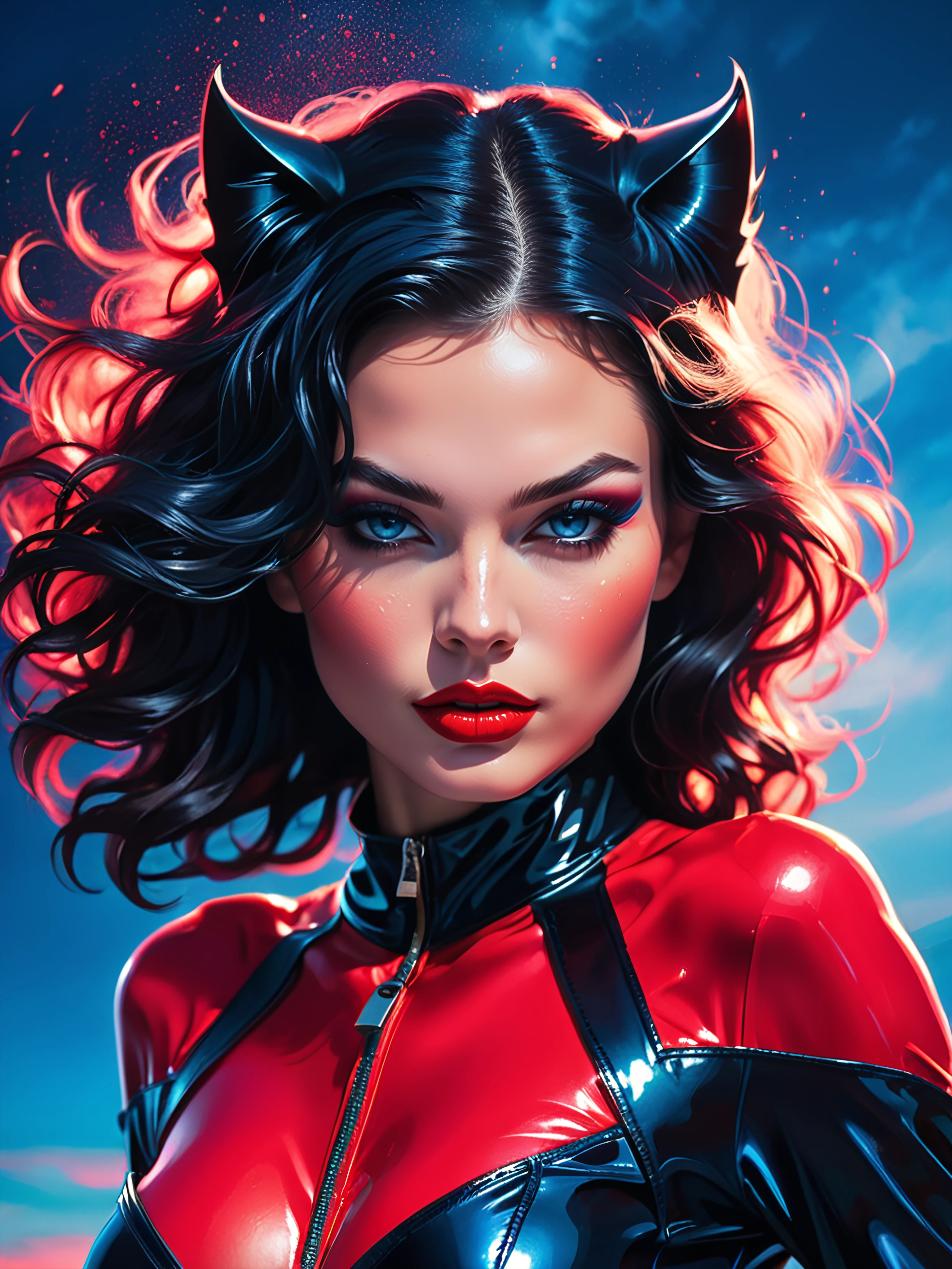 glamorous photo long black wavy hair, young girl wearing catwoman suit in the dark sunset sky, (freckles:0.7), low angle shot, dynamic pose, dangerous, red traced neon background with blue light, high contrast and movement, wet, energy, volumetric lighting, colorized, intense and vibrant colors of electrified neon red, blue, action shot, style of Aaron Jasinski and Jovana Rikalo, . high fashion, luxurious, extravagant, stylish, sensual, opulent, elegance, stunning beauty, professional, high contrast, detailed,<lora:WildcardX-XL-Detail-Enhancer:1>