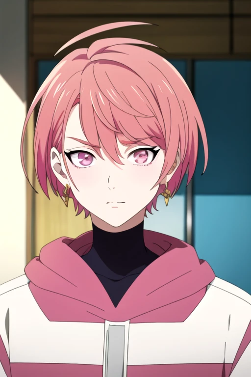 (best quality:1.1), (masterpiece:1.4), , looking at viewer, upper body, , ligne claire, (anime:1.4), 1boy, solo, male focus, <lora:reo_maruyama:0.86>, reo_maruyama, pink hair, pink eyes