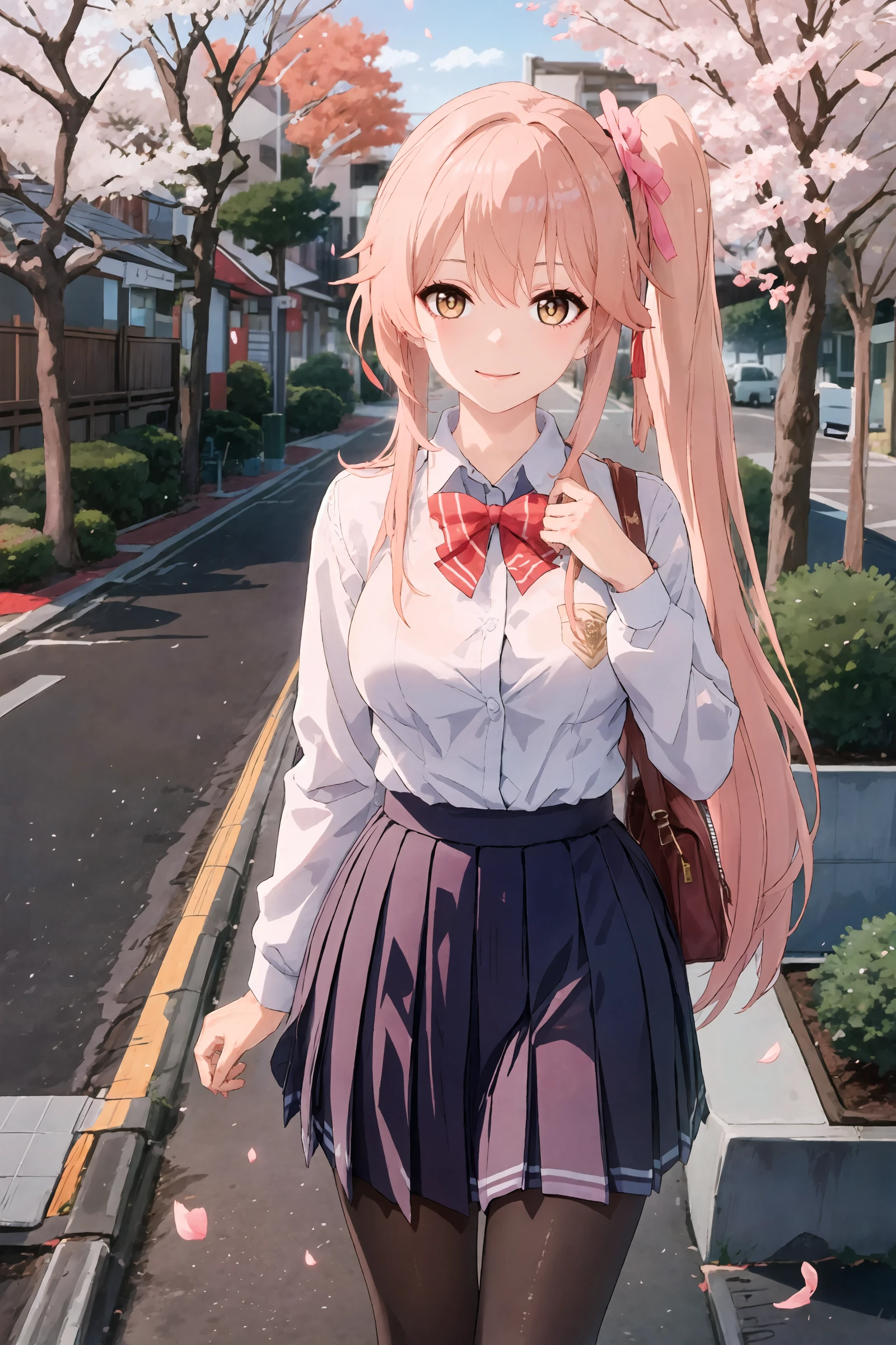masterpiece, best quality, highres, hs1, light purple eyes , long sleeves, cleavage, long blonde hair, pink cardigan, black thighhighs, plaid skirt, red ribbon, garter straps, school uniform, outdoors, cowboy shot, standing, smile, huge butt, panties, floral print pink panties, looking at viewer, thick thighs, jirai kei, ear piercings, street view, sakura