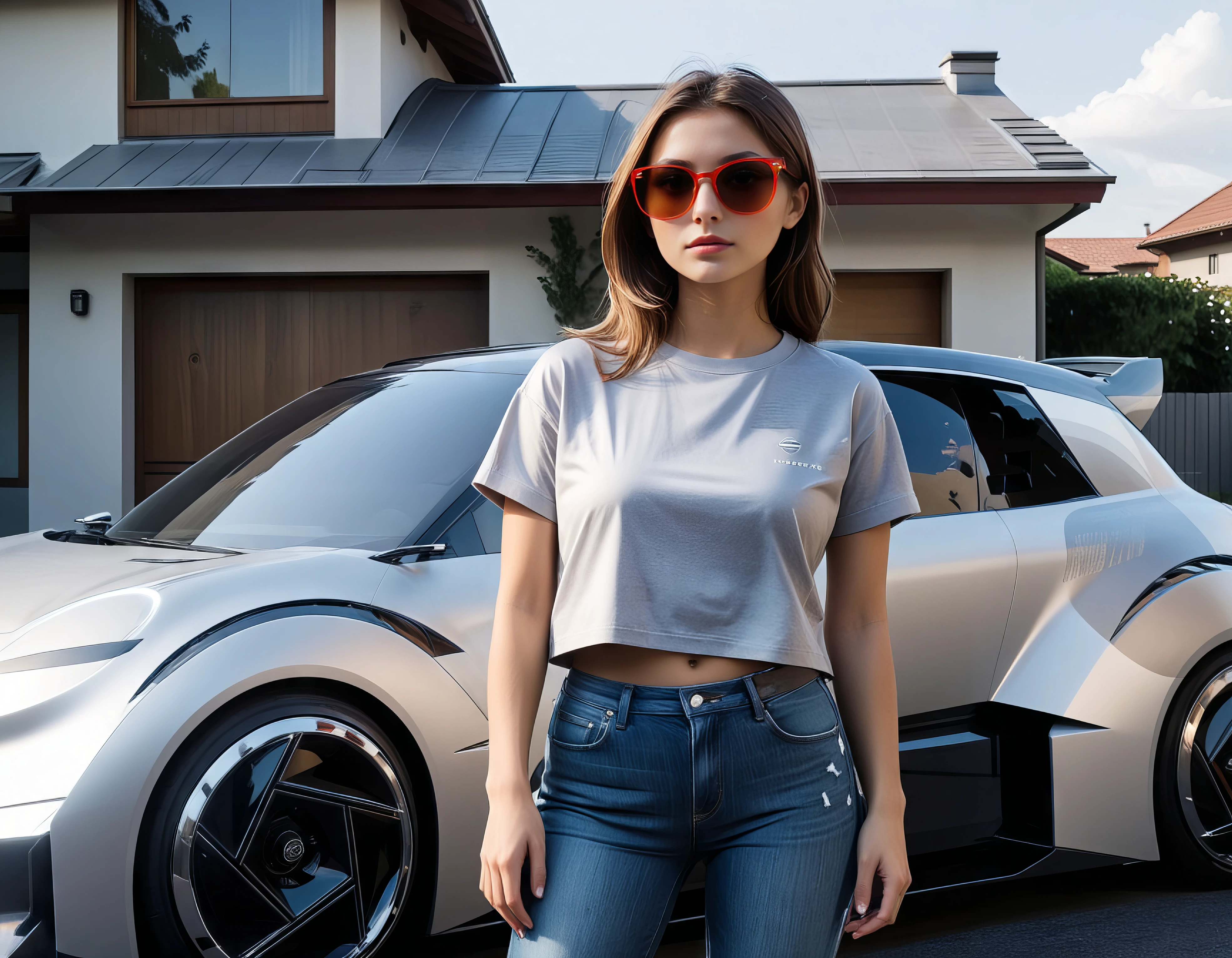 photo of a (Girl standing in front of a car:1.1),sexi, columbian twoman posing, red sports car, leaning, sunny day, luxury house, cropped t-shirt, fashion, casual style, sunglasses, outdoor setting
NISSAN 2023, A sleek silver concept car with a futuristic design, ultra-modern headlights , photorealistic