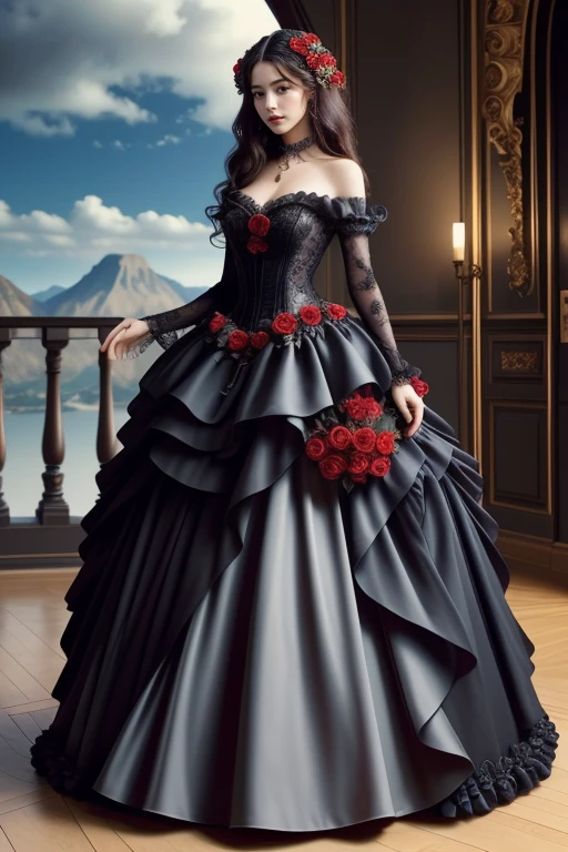 1 woman, 22yo, (realistic, masterpiece, high detailed skin:1.2) (looking at viewer, full body shot, scenic view, long hair:1.2)
<lora:Rose_Black_Gown_By_Stable_Yogi:0.8> black gown, frills, red roses