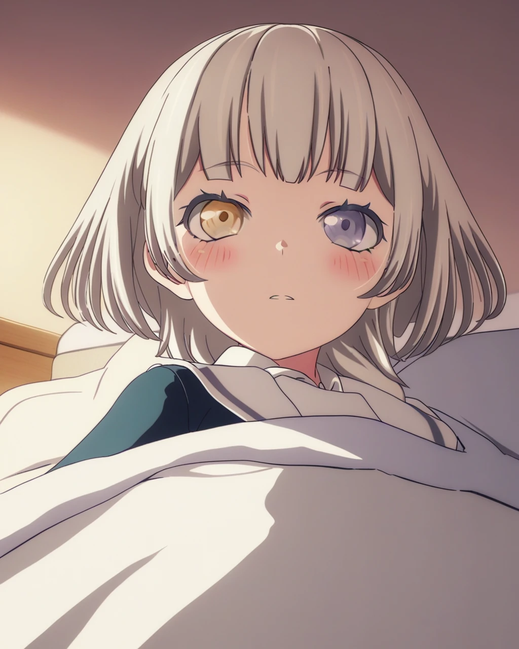 masterpiece, best quality, <lora:ALL:1>ï¼Kaname RÄna, 1girl, solo, blush, heterochromia, school uniform, under covers, blanket, bed