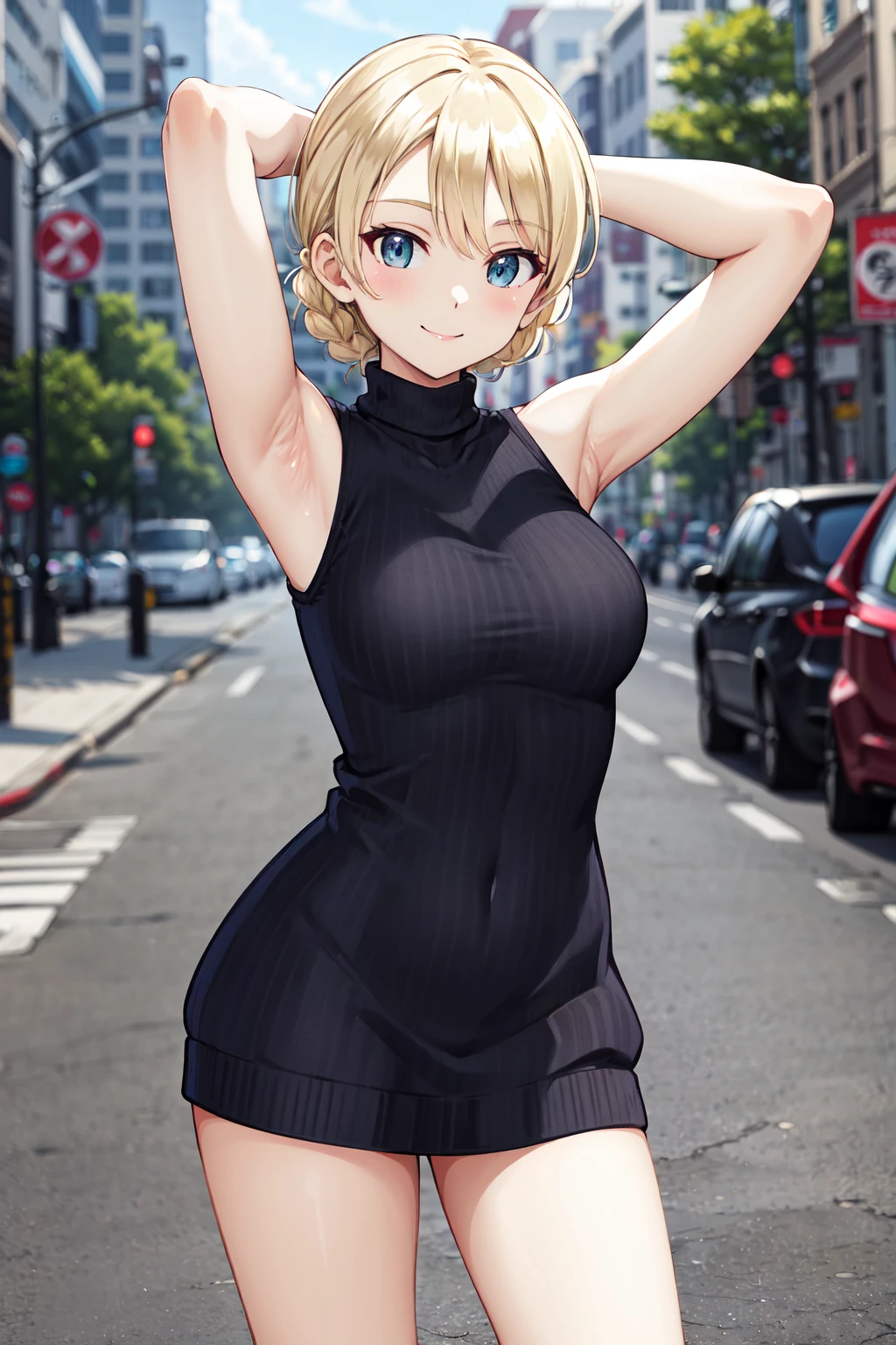 (Best Quality, Masterpiece:1.4), (Absurdres:1.2), erasa, blonde hair, short hair, blue eyes, beautiful detail eyes, earrings, masterpiece, best quality, very aesthetic, absurdres, spaghetti strap, skin tight black dress, sleeveless, night, street, standing, cowboy shot, medium breast, smile, 1 girl, solo
