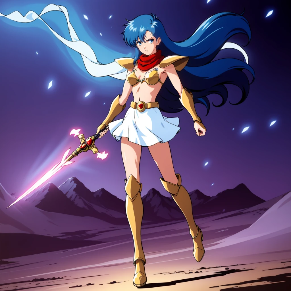 <lora:YuukoAsou004:0.6>,
YuukoAsou,solo,
blue hair,long hair,blue eyes,
red scarf,
gold bikini armor,pauldrons,
bracer,
white skirt,
knee boots,
full body,standing,walking,sky,energy sword,