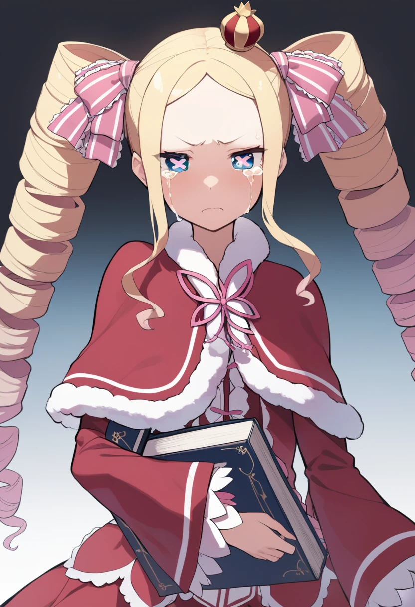 1girl, beatrice \(re:zero\), blonde hair, blue eyes, book, bow, butterfly-shaped pupils, capelet, crown, crying, dress, drill hair, frown, fur-trimmed capelet, fur trim, glowing, long hair, mini crown, pink ribbon, red capelet, red dress, ribbon, simple background, streaming tears, symbol-shaped pupils, tears, twin drills, upper body, white background, masterpiece, best quality, <lora:Char - Beatrice (rezero) - v0.8 - Bionagato:1>