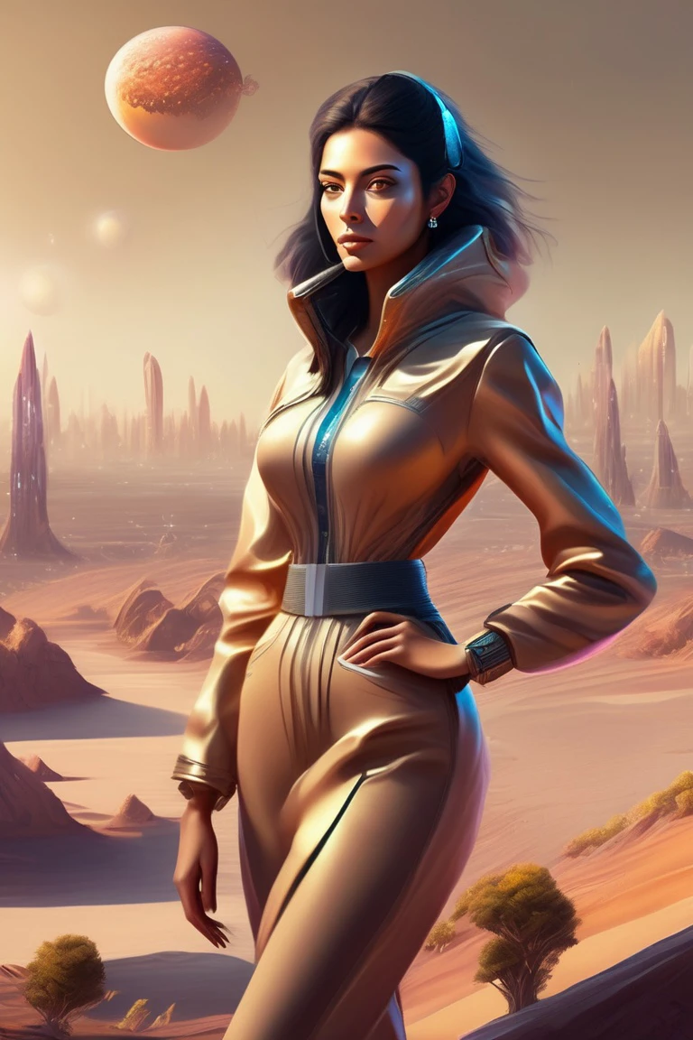woman in an alien planet with serene nature and human city digital painting, Rafael Sanzio, birds, very well dressed, tan skin, beautiful landscape, looking to the camera, looking straight ahead, manga, perfect hands, highly detailed, Monalisa pose, high contrast, high quality, digital painting, highly detailed <lora:Lexica_XL_V1:1>