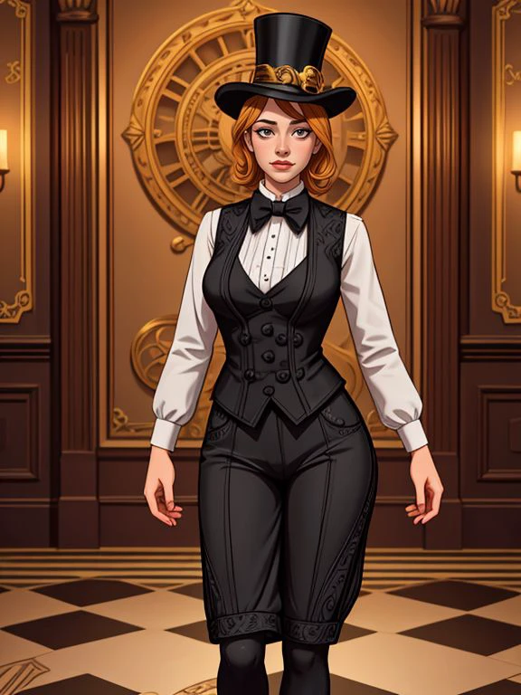 <lora:LCM_LoRA_Weights_SD15:1>
[ Aimee Lou Wood|Cherie Deville], clockwork-inspired waistcoat, top hat, and goggles, An ornate venue with ornate floors and walls covered in tapestry