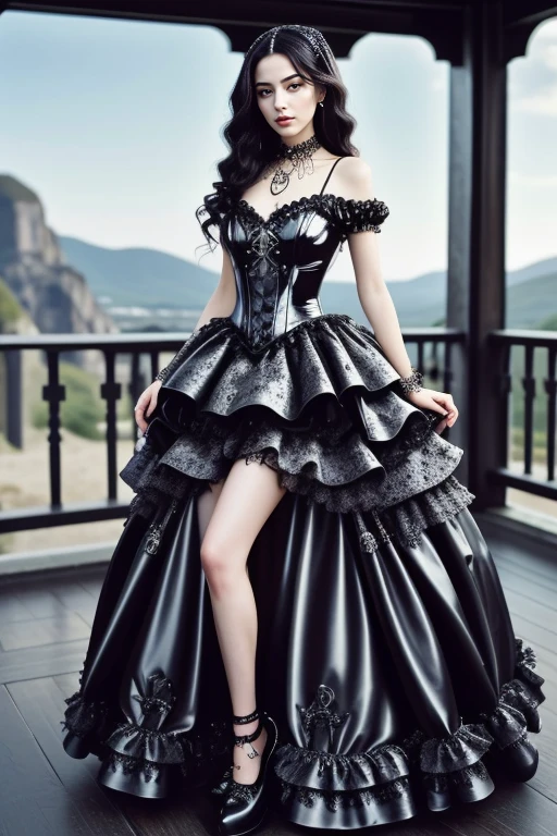 1 woman, 22yo, (realistic, masterpiece, high detailed skin:1.2) (looking at viewer, full body shot, scenic view, long hair:1.2)
<lora:Latex_Gothic_Gown_By_Stable_Yogi:0.8> latex goth gown, frills, jewellery, watch, bracelet