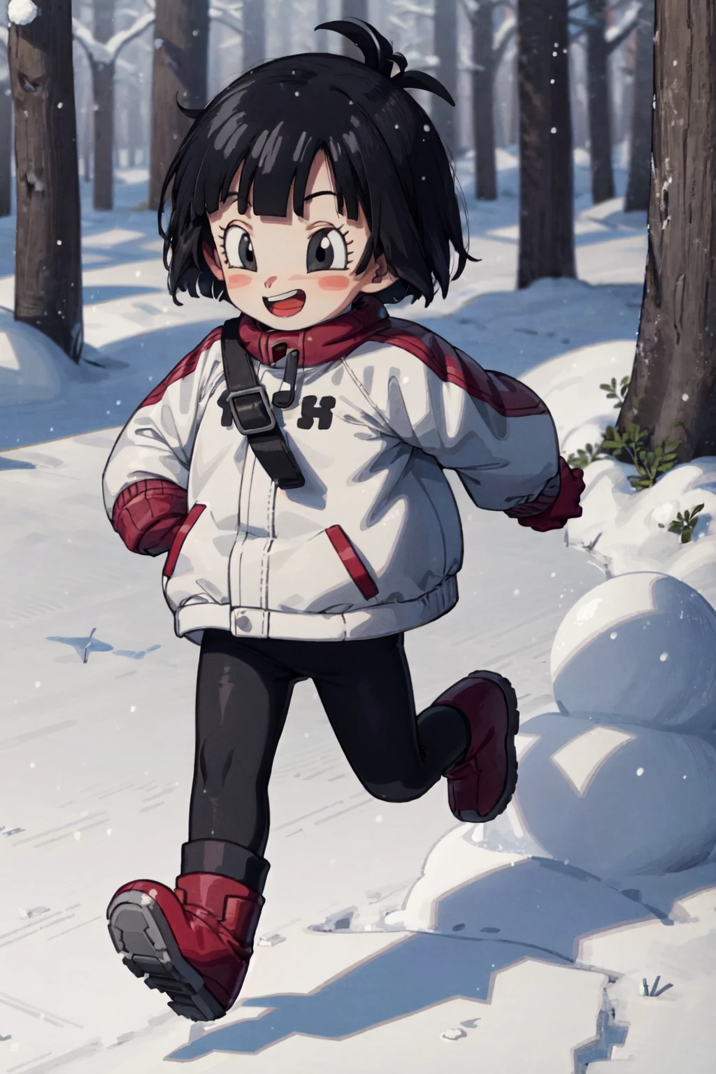 pan (dragon ball), 1girl, black hair, short hair, black eyes, teeth, white coat, snow, black leggings, white boots, :D, running, outdoors, snowy, snowing, trees, <lora:Pan_DBS-10:1>