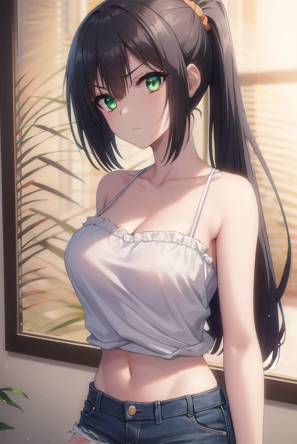 korewaseraphim, <lora:korewa seraphim s2-lora-nochekaiser:1>,
seraphim, long hair, black hair, very long hair, (green eyes:1.3), ponytail, scrunchie, orange scrunchie, angry, frown,
BREAK navel, cleavage, midriff, camisole, shorts, denim,
BREAK indoors,
BREAK looking at viewer, (cowboy shot:1.5),
BREAK <lyco:GoodHands-beta2:1>, (masterpiece:1.2), best quality, high resolution, unity 8k wallpaper, (illustration:0.8), (beautiful detailed eyes:1.6), extremely detailed face, perfect lighting, extremely detailed CG, (perfect hands, perfect anatomy),